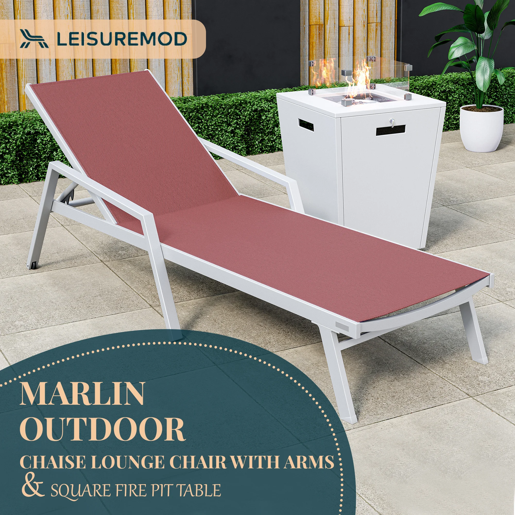 Marlin Modern White Aluminum Outdoor Patio Chaise Lounge Chair With Arms and Square Fire Pit Side Table Perfect for Patio, Lawn, and Garden