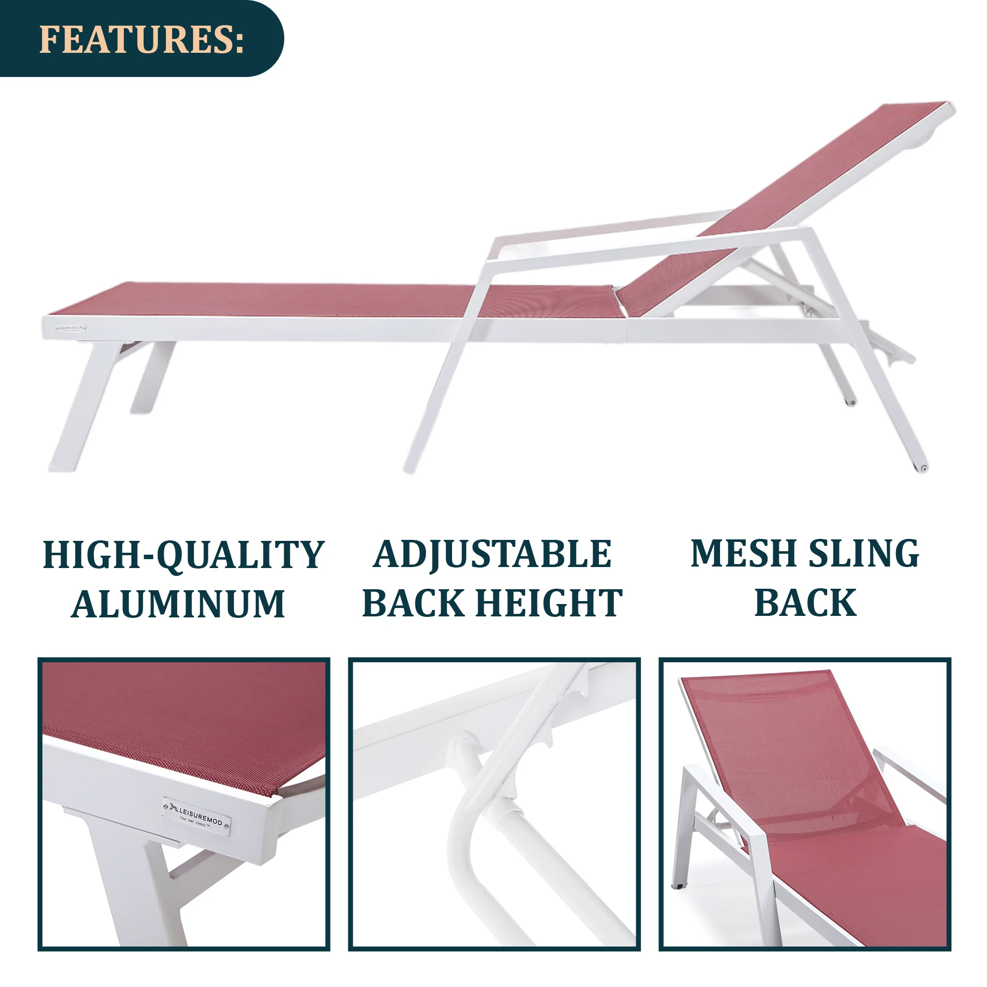 Marlin Modern White Aluminum Outdoor Patio Chaise Lounge Chair With Arms and Square Fire Pit Side Table Perfect for Patio, Lawn, and Garden