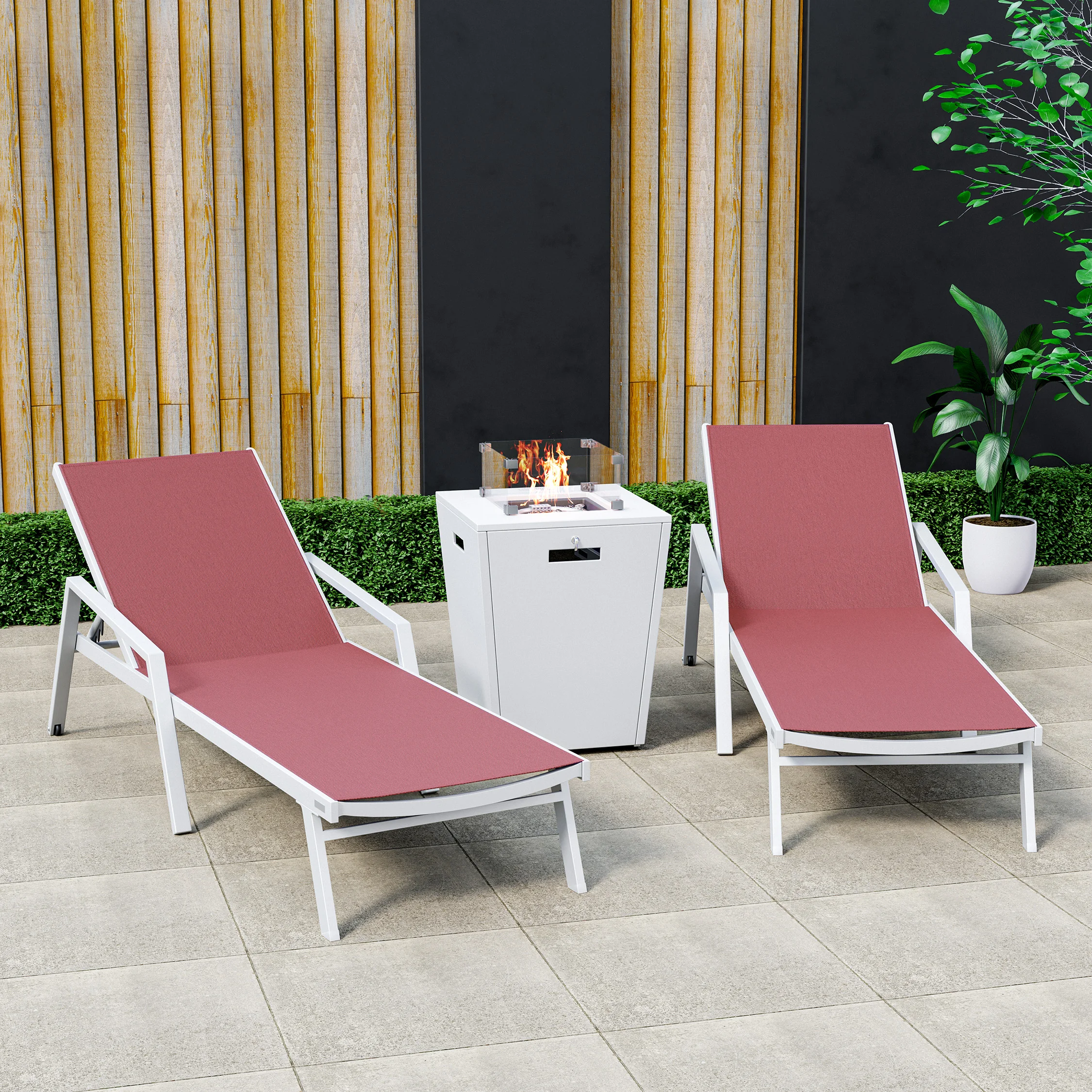 Marlin Modern Aluminum Outdoor Patio Chaise Lounge Chair With Arms Set of 2 with Square Fire Pit Side Table Perfect for Patio, Lawn, and Garden