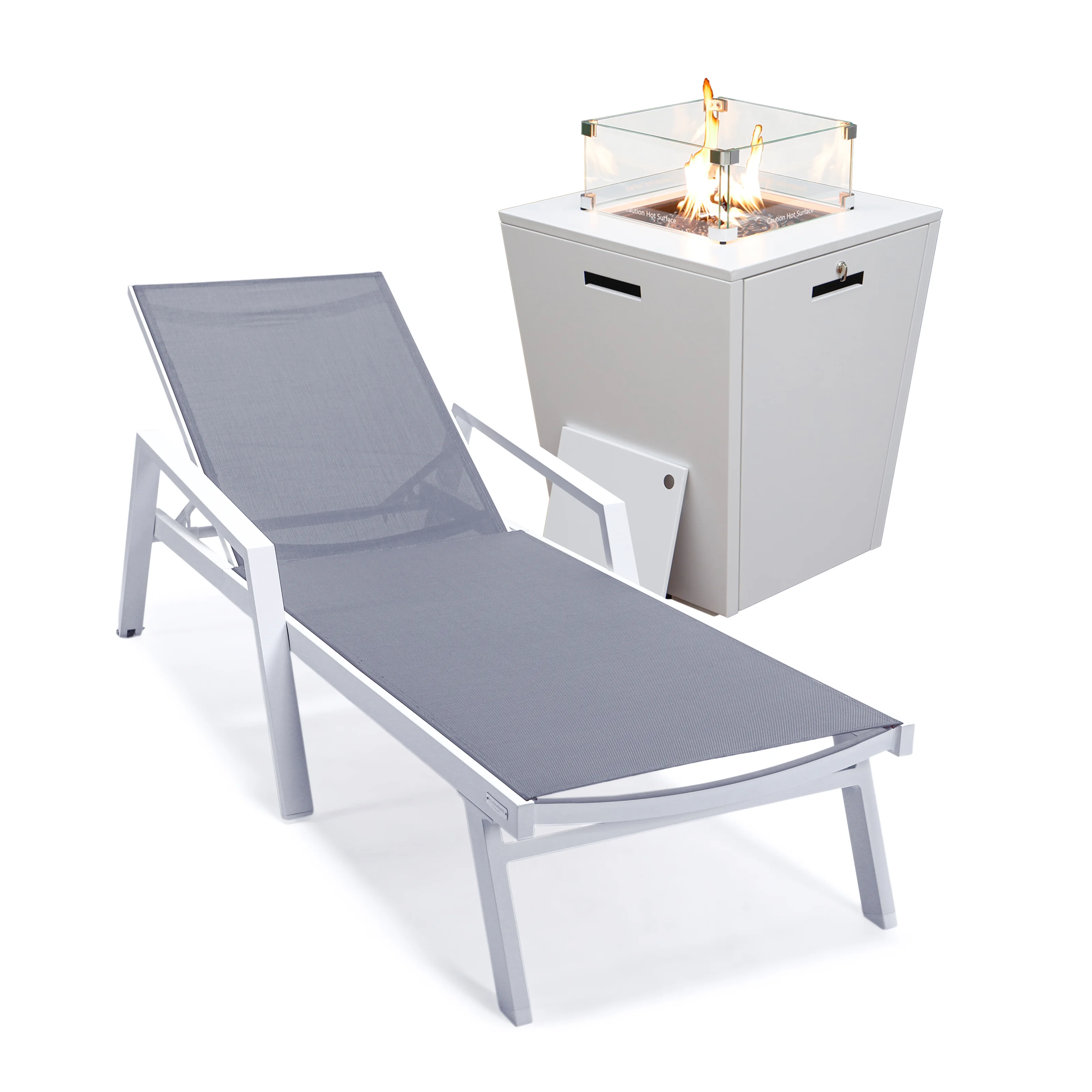 Marlin Modern White Aluminum Outdoor Patio Chaise Lounge Chair With Arms and Square Fire Pit Side Table Perfect for Patio, Lawn, and Garden