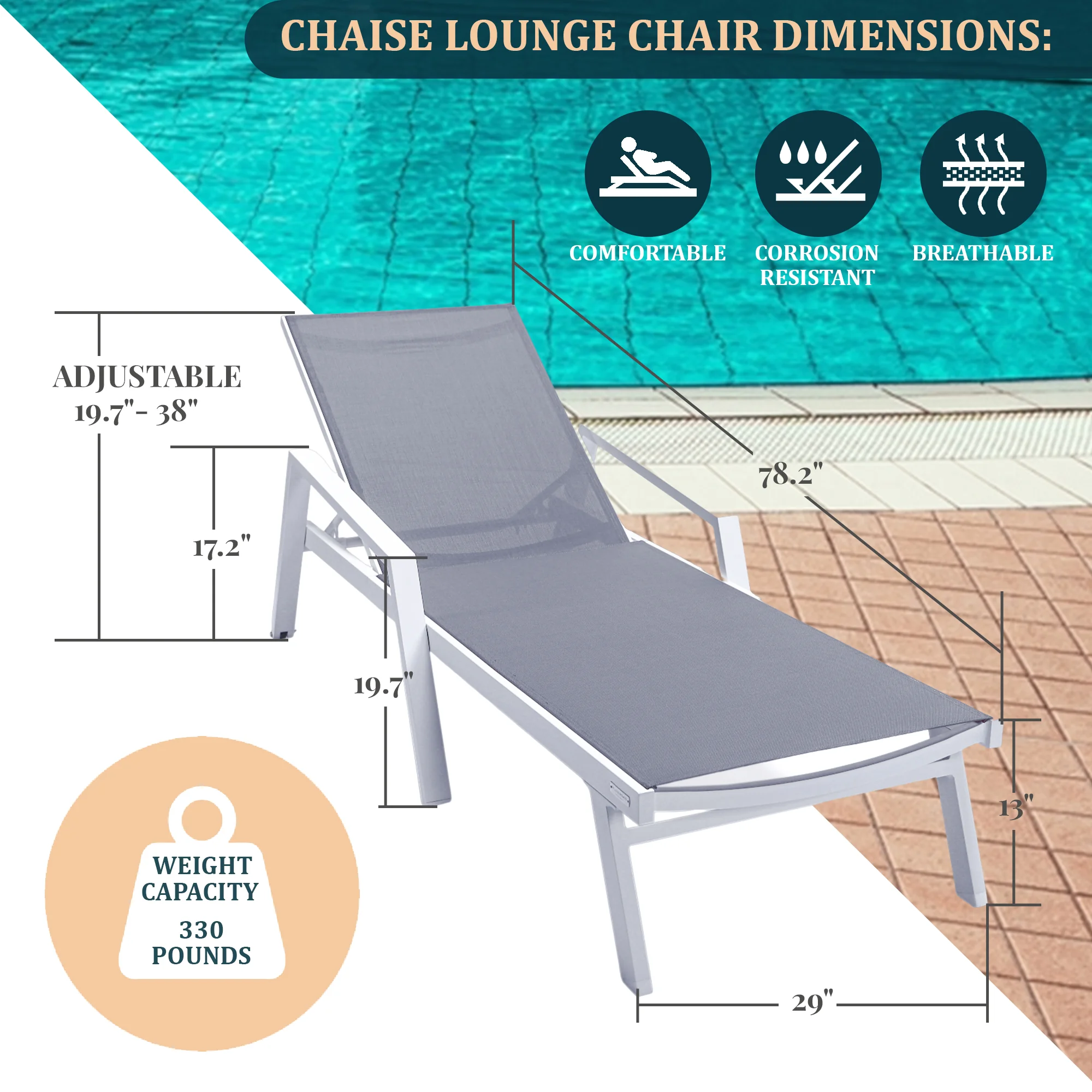 Marlin Modern White Aluminum Outdoor Patio Chaise Lounge Chair With Arms and Square Fire Pit Side Table Perfect for Patio, Lawn, and Garden