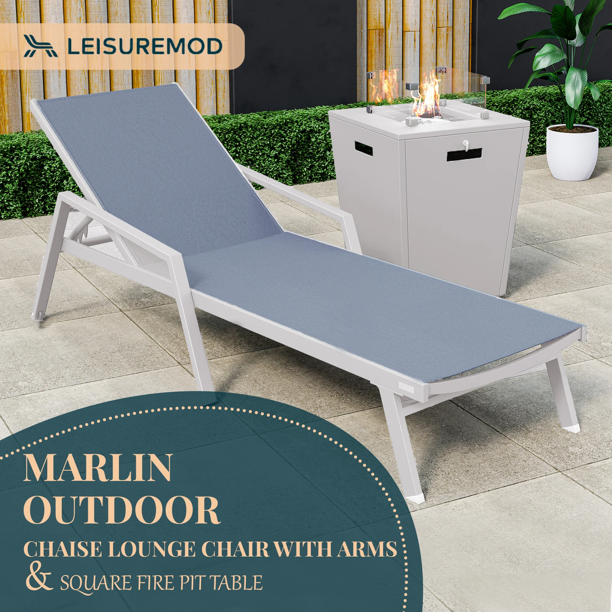 Marlin Modern White Aluminum Outdoor Patio Chaise Lounge Chair With Arms and Square Fire Pit Side Table Perfect for Patio, Lawn, and Garden