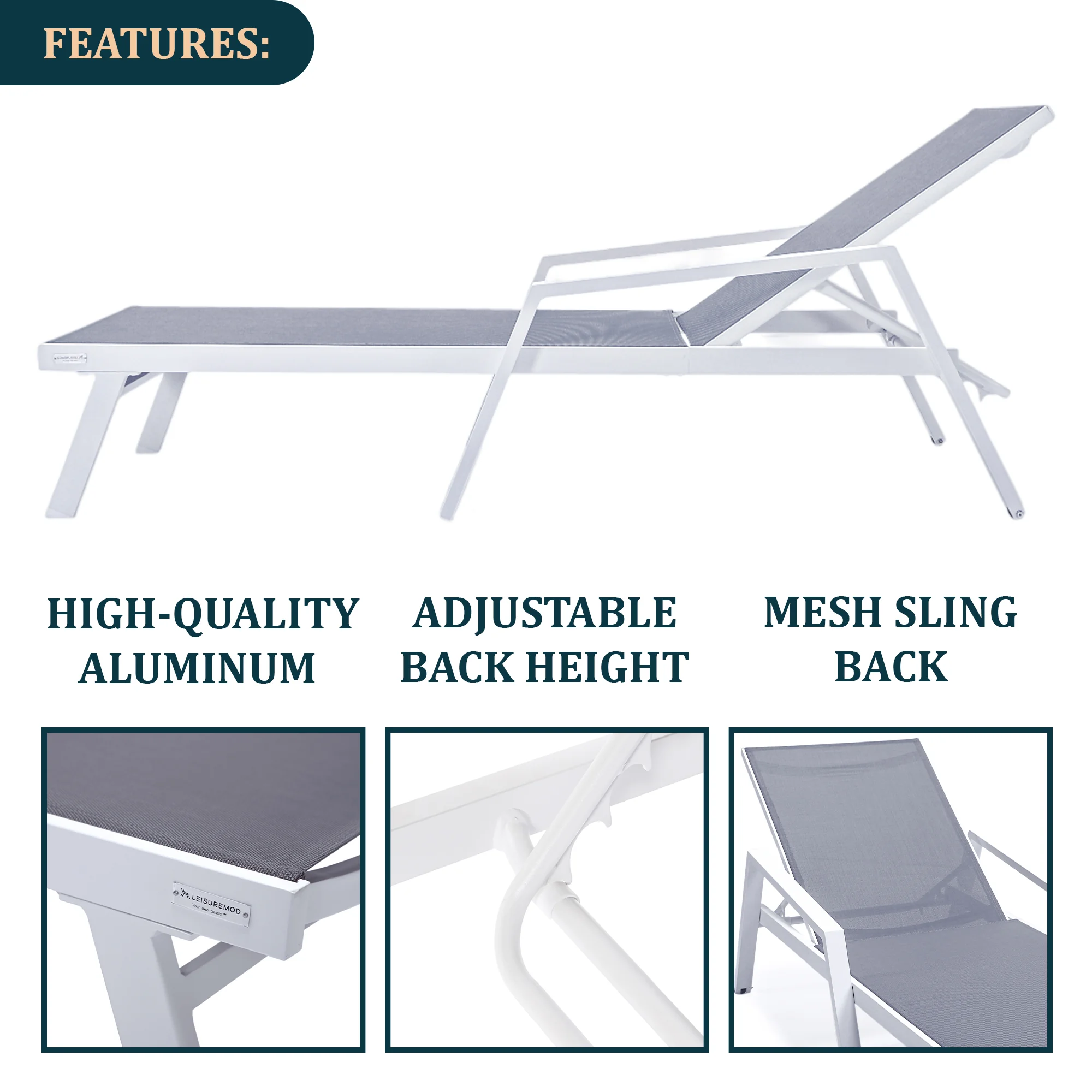 Marlin Modern White Aluminum Outdoor Patio Chaise Lounge Chair With Arms and Square Fire Pit Side Table Perfect for Patio, Lawn, and Garden