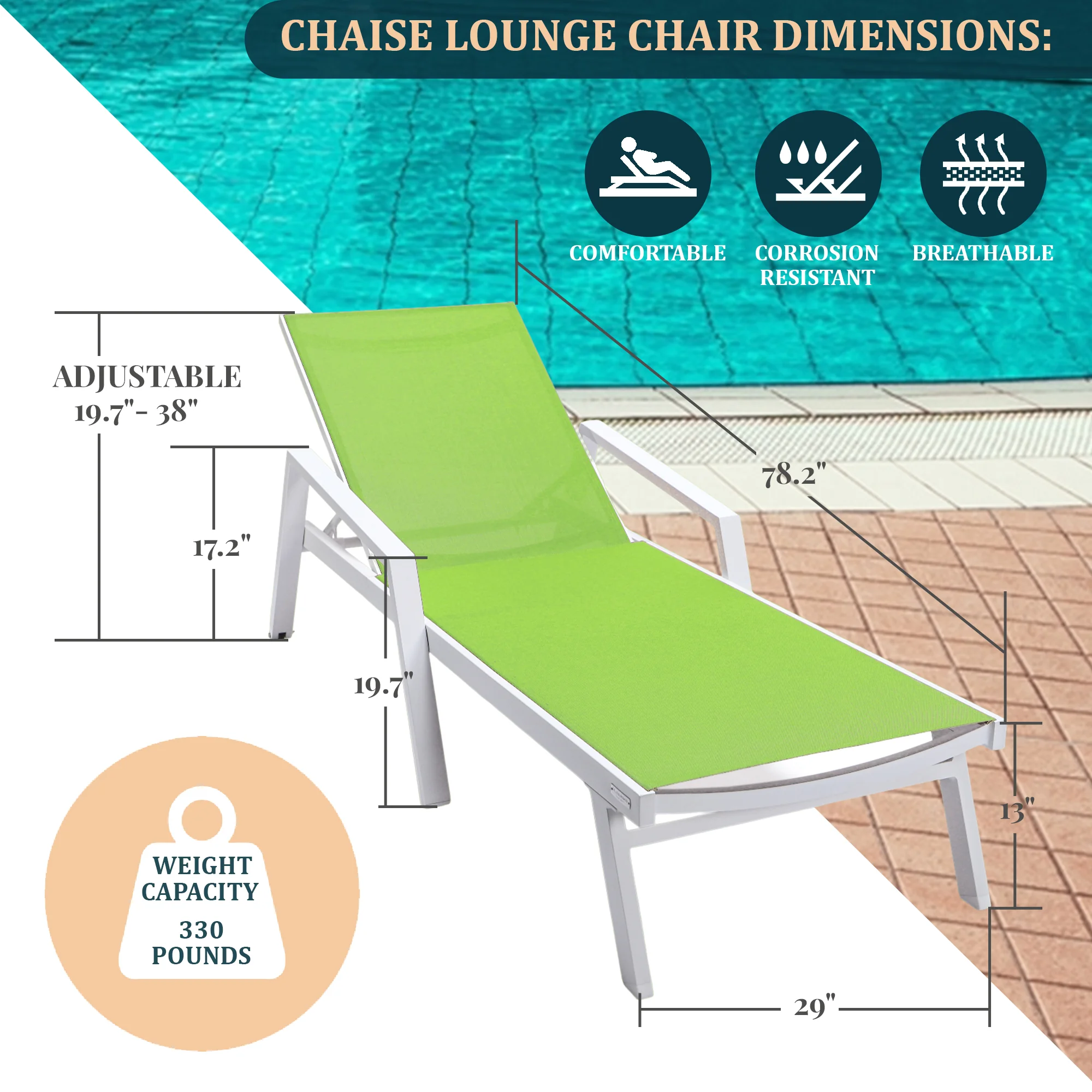 Marlin Modern White Aluminum Outdoor Patio Chaise Lounge Chair With Arms and Square Fire Pit Side Table Perfect for Patio, Lawn, and Garden