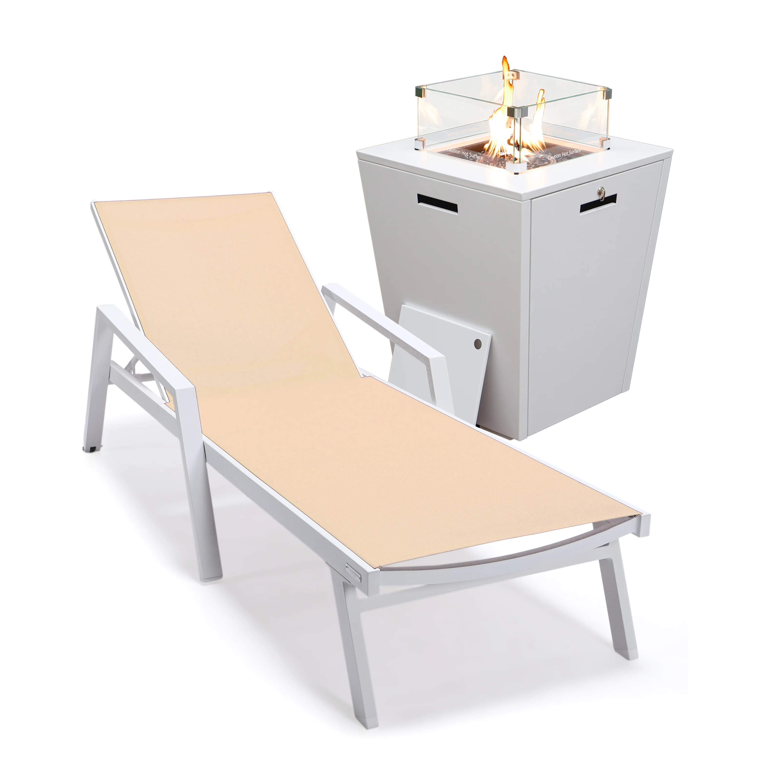Marlin Modern White Aluminum Outdoor Patio Chaise Lounge Chair With Arms and Square Fire Pit Side Table Perfect for Patio, Lawn, and Garden