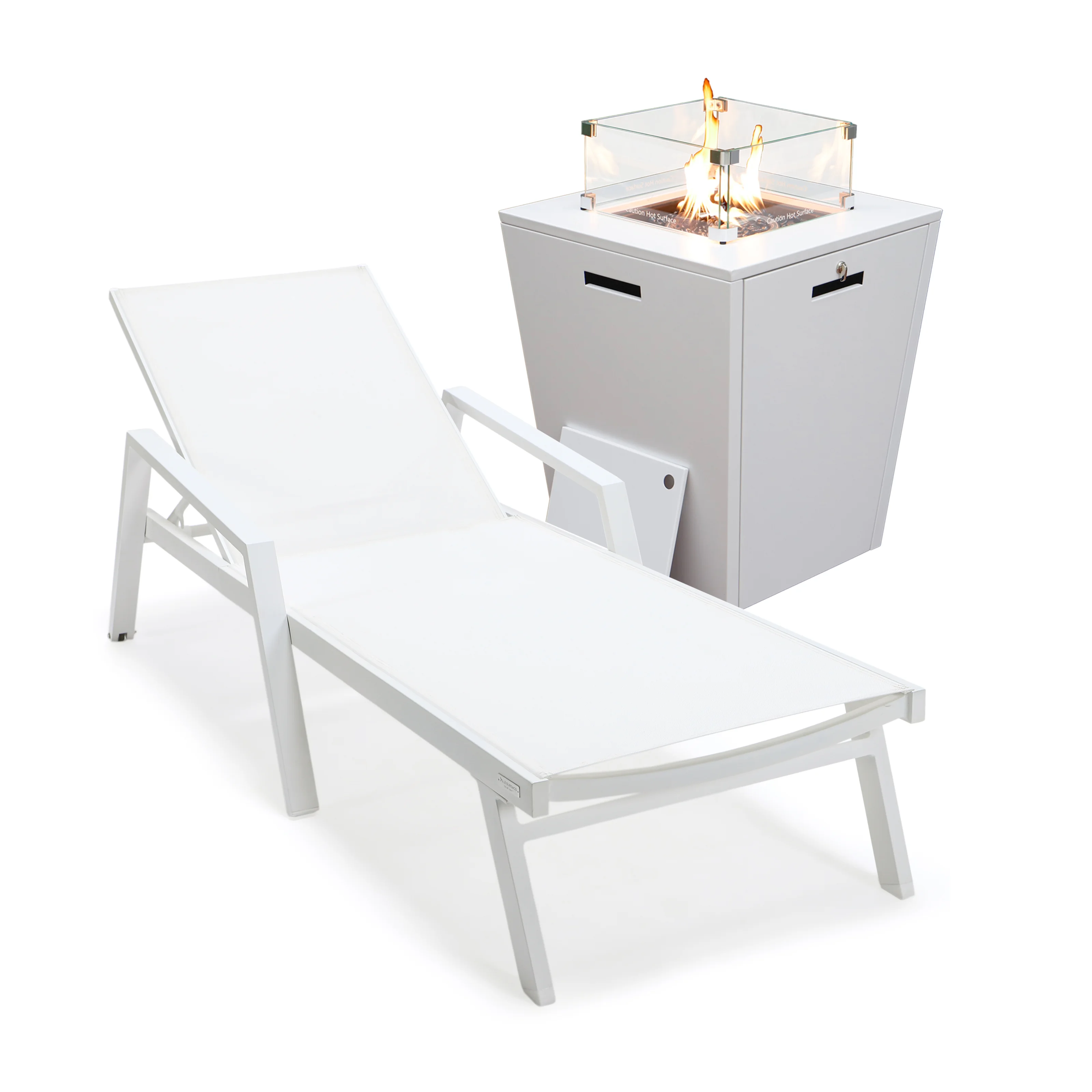 Marlin Modern White Aluminum Outdoor Patio Chaise Lounge Chair With Arms and Square Fire Pit Side Table Perfect for Patio, Lawn, and Garden