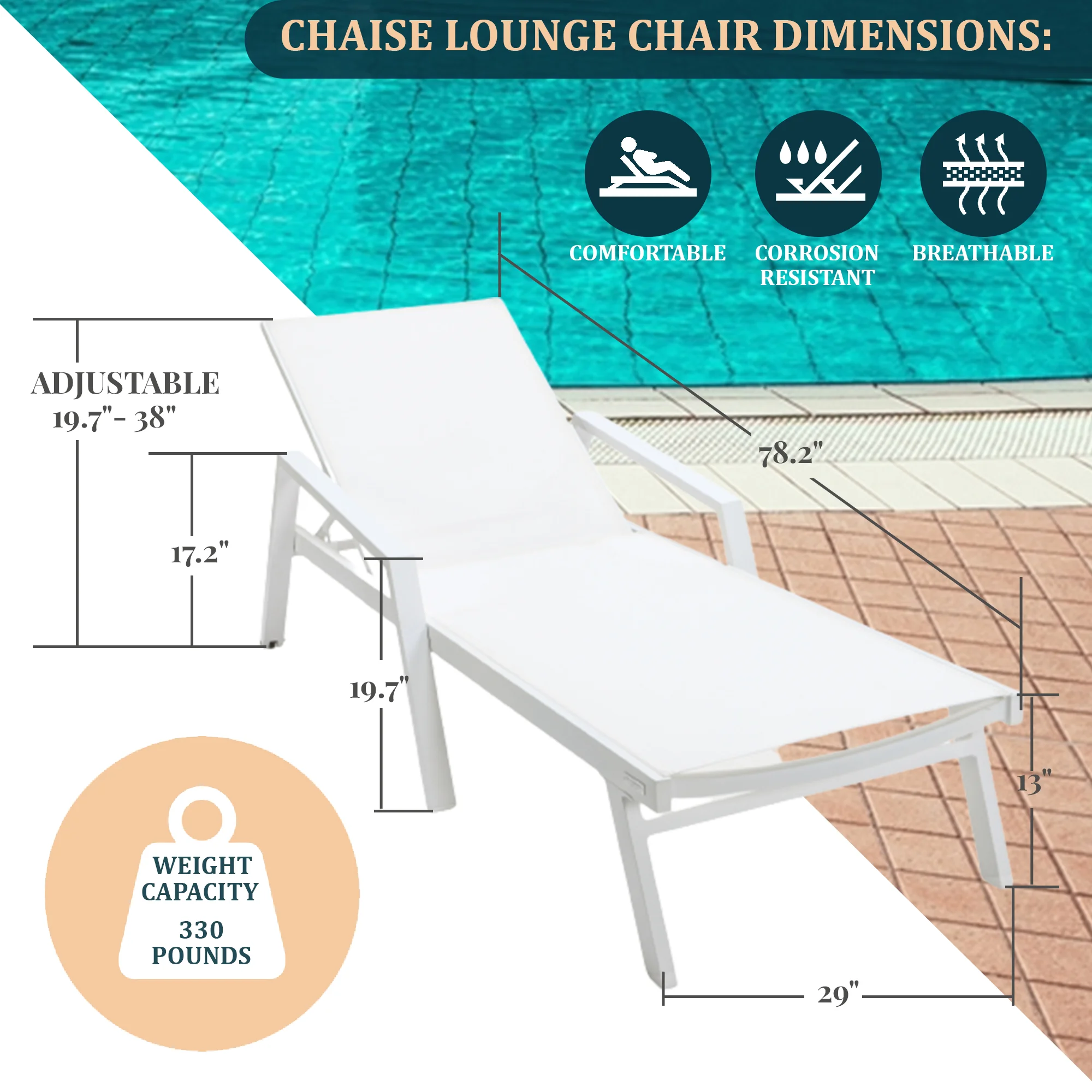Marlin Modern White Aluminum Outdoor Patio Chaise Lounge Chair With Arms and Square Fire Pit Side Table Perfect for Patio, Lawn, and Garden