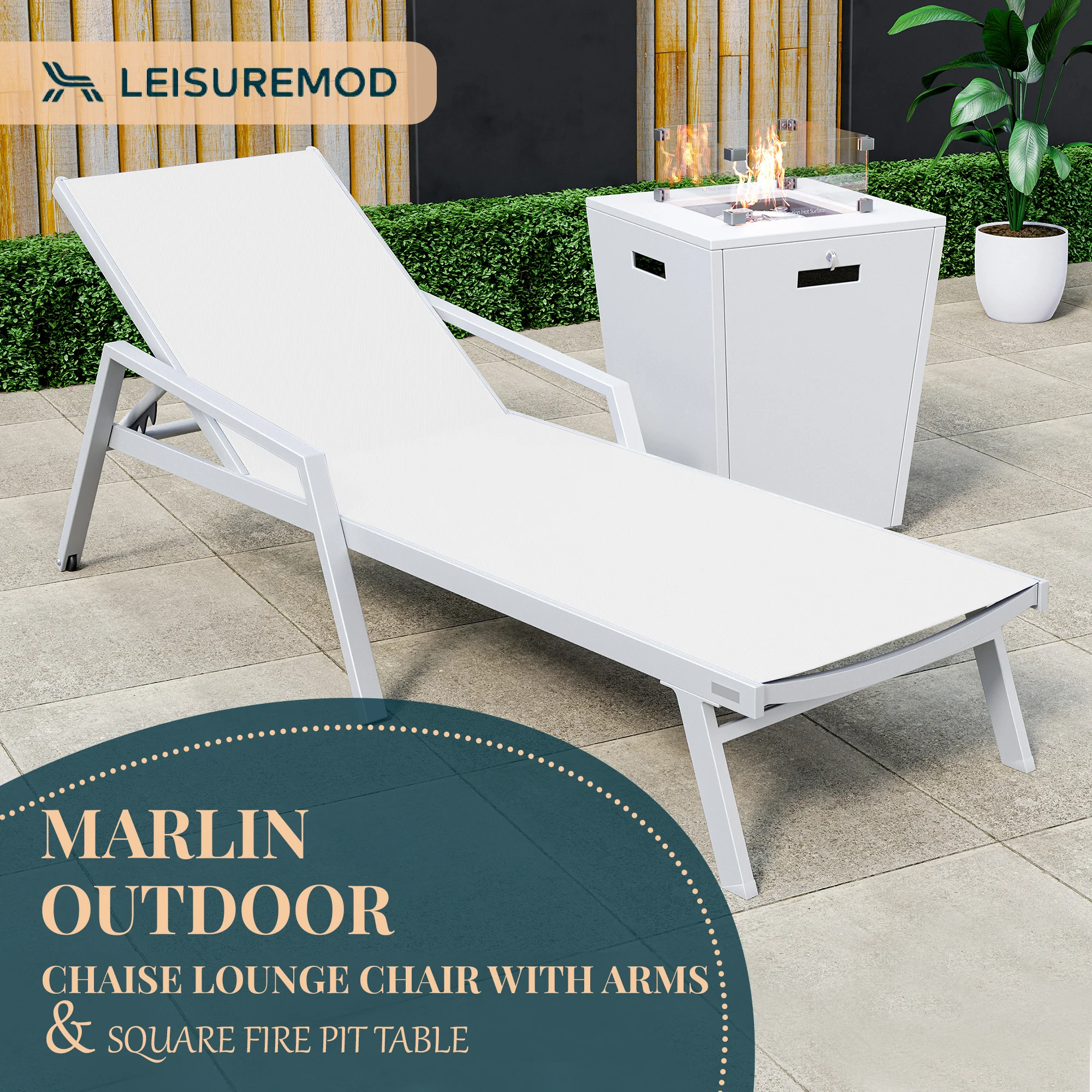 Marlin Modern White Aluminum Outdoor Patio Chaise Lounge Chair With Arms and Square Fire Pit Side Table Perfect for Patio, Lawn, and Garden