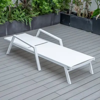 Marlin Modern White Aluminum Outdoor Patio Chaise Lounge Chair With Arms and Square Fire Pit Side Table Perfect for Patio, Lawn, and Garden