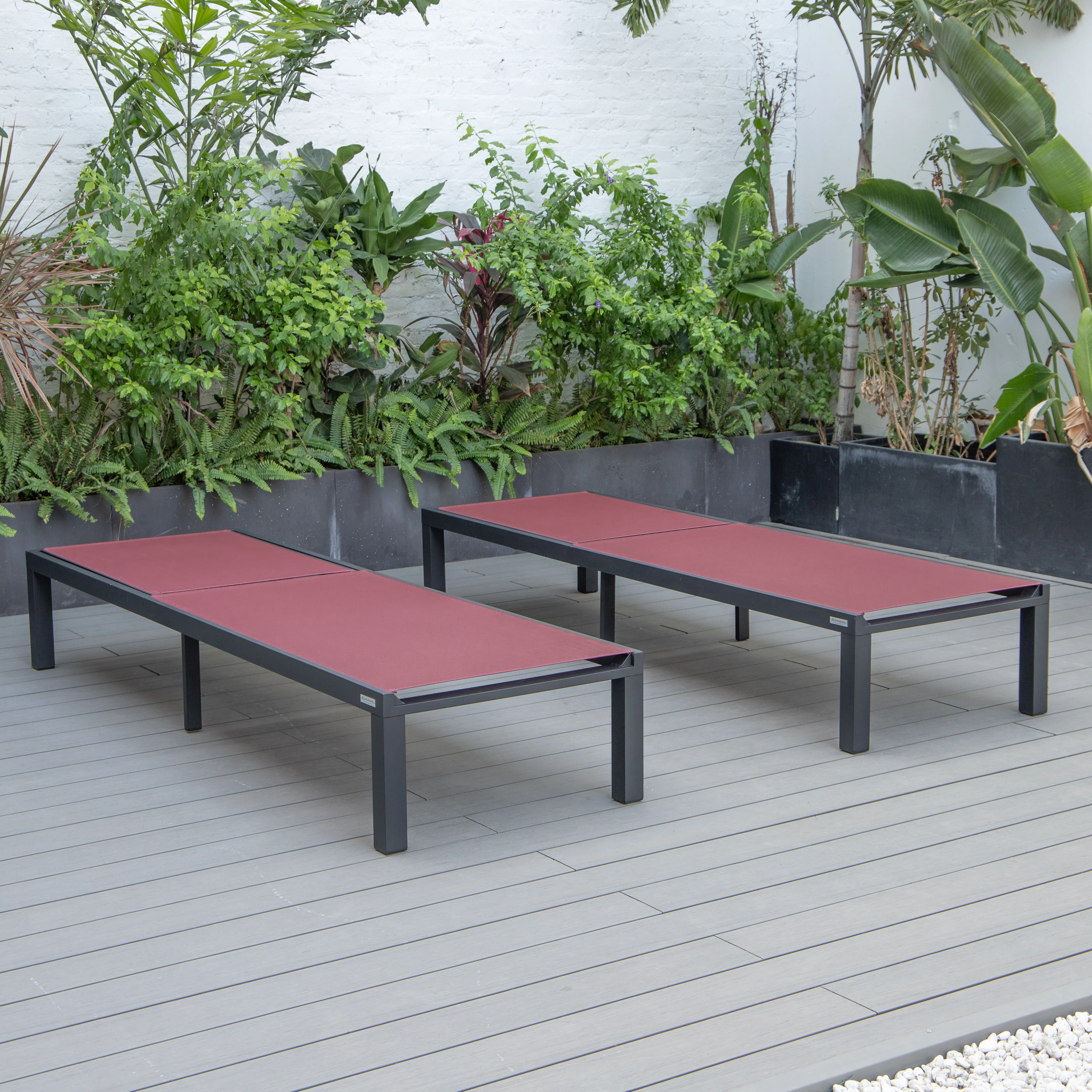 Marlin Patio Chaise Lounge Chair With Black Aluminum Frame, Set of 2 in Burgundy