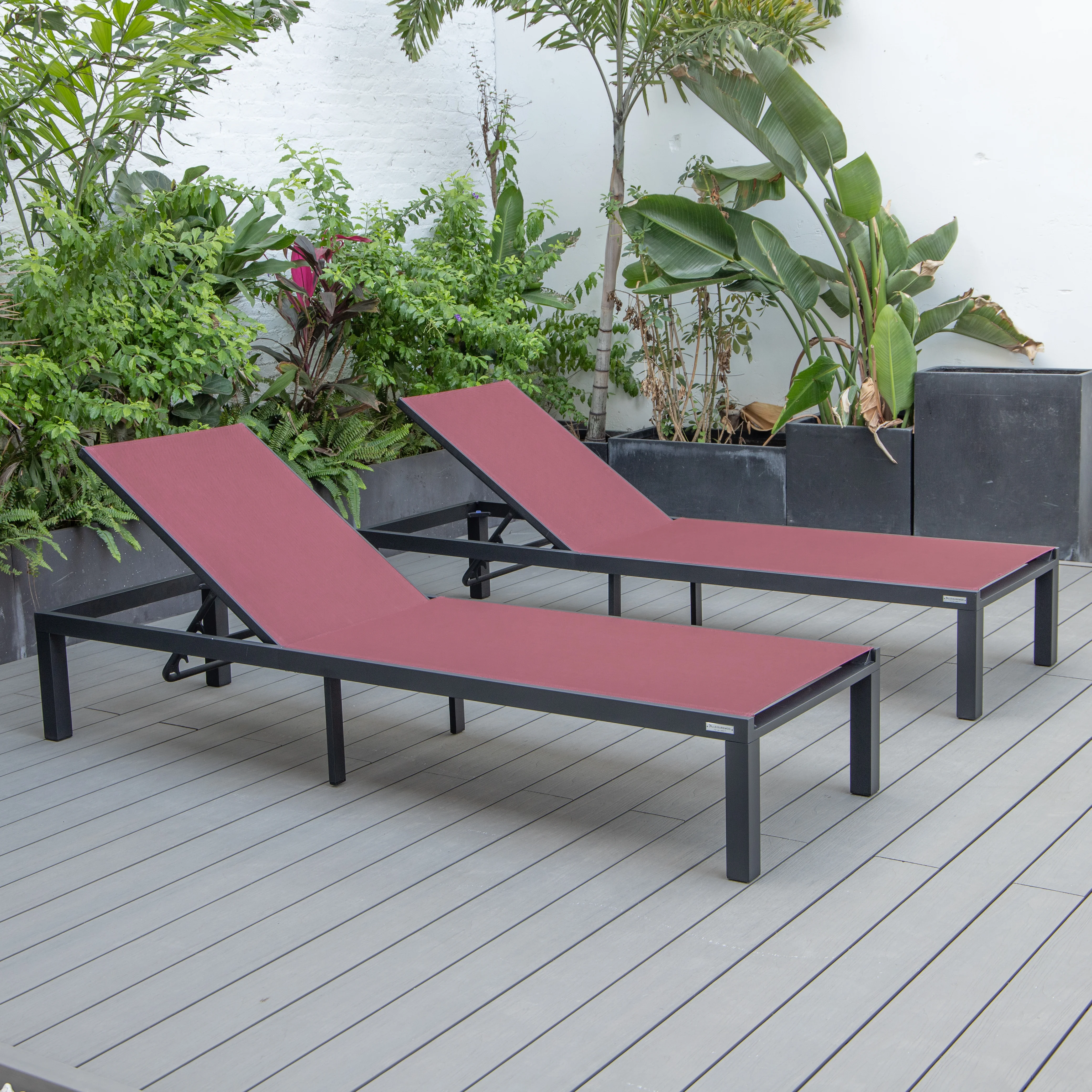 Marlin Patio Chaise Lounge Chair With Black Aluminum Frame, Set of 2 in Burgundy