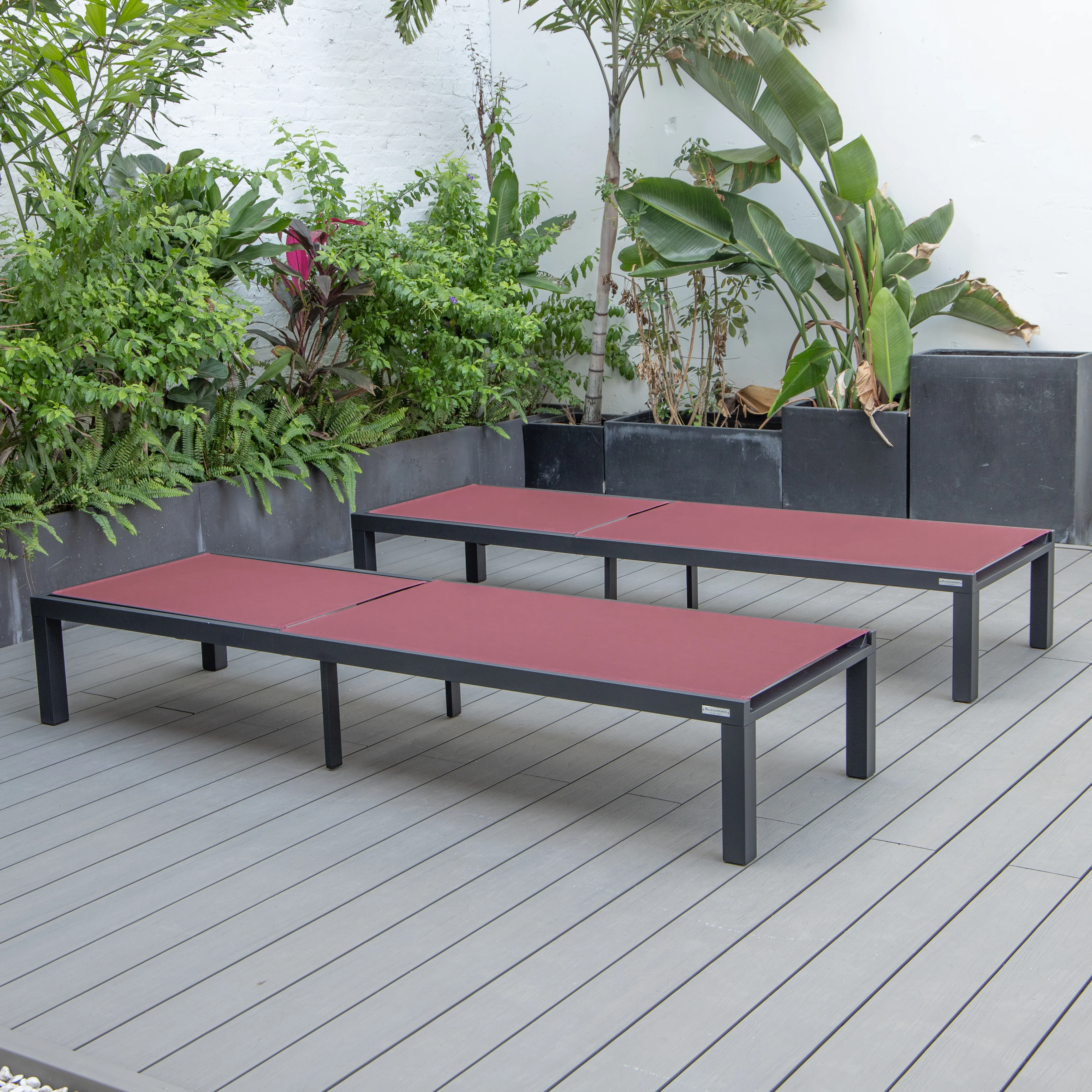 Marlin Patio Chaise Lounge Chair With Black Aluminum Frame, Set of 2 in Burgundy