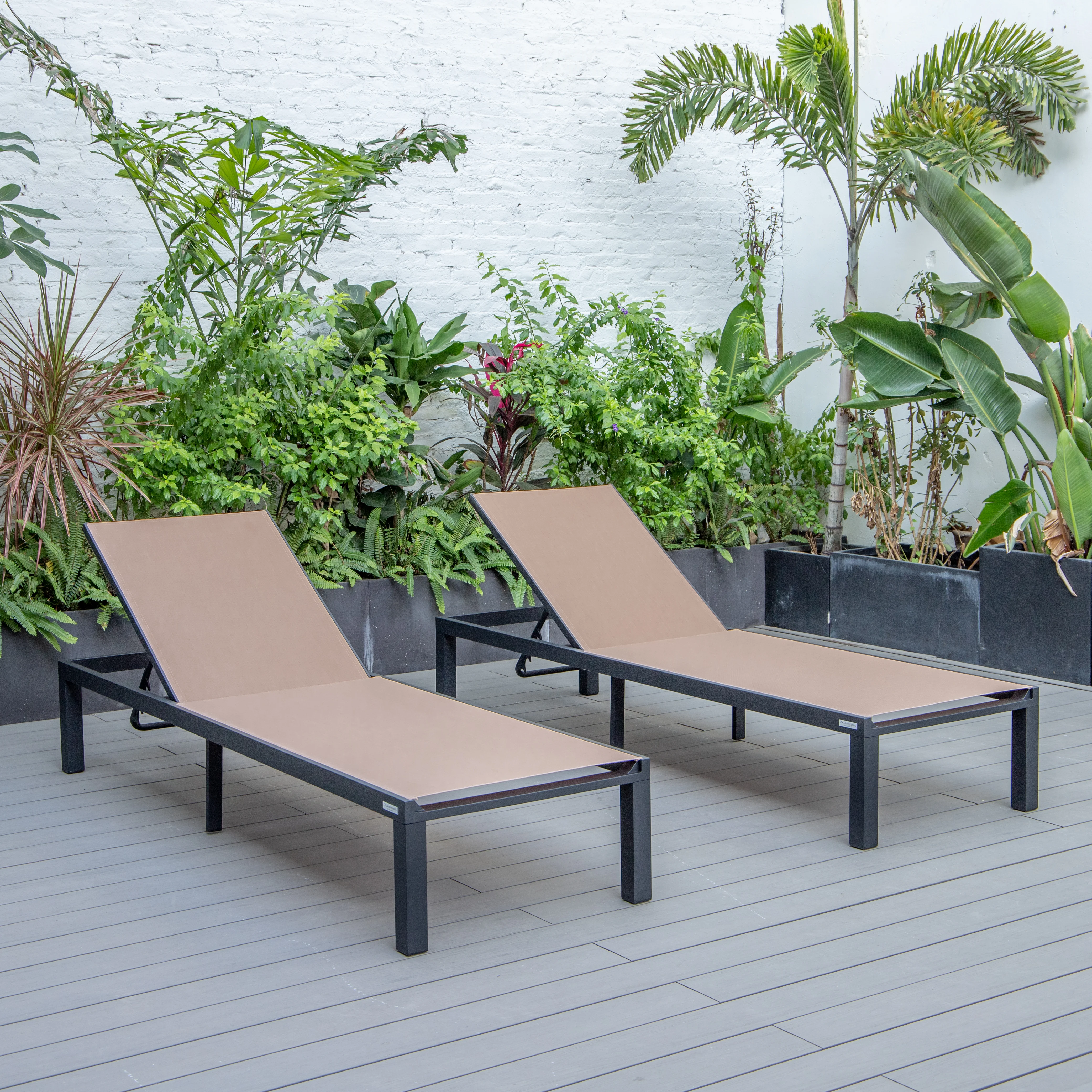 Marlin Patio Chaise Lounge Chair With Black Aluminum Frame, Set of 2 in Light Brown