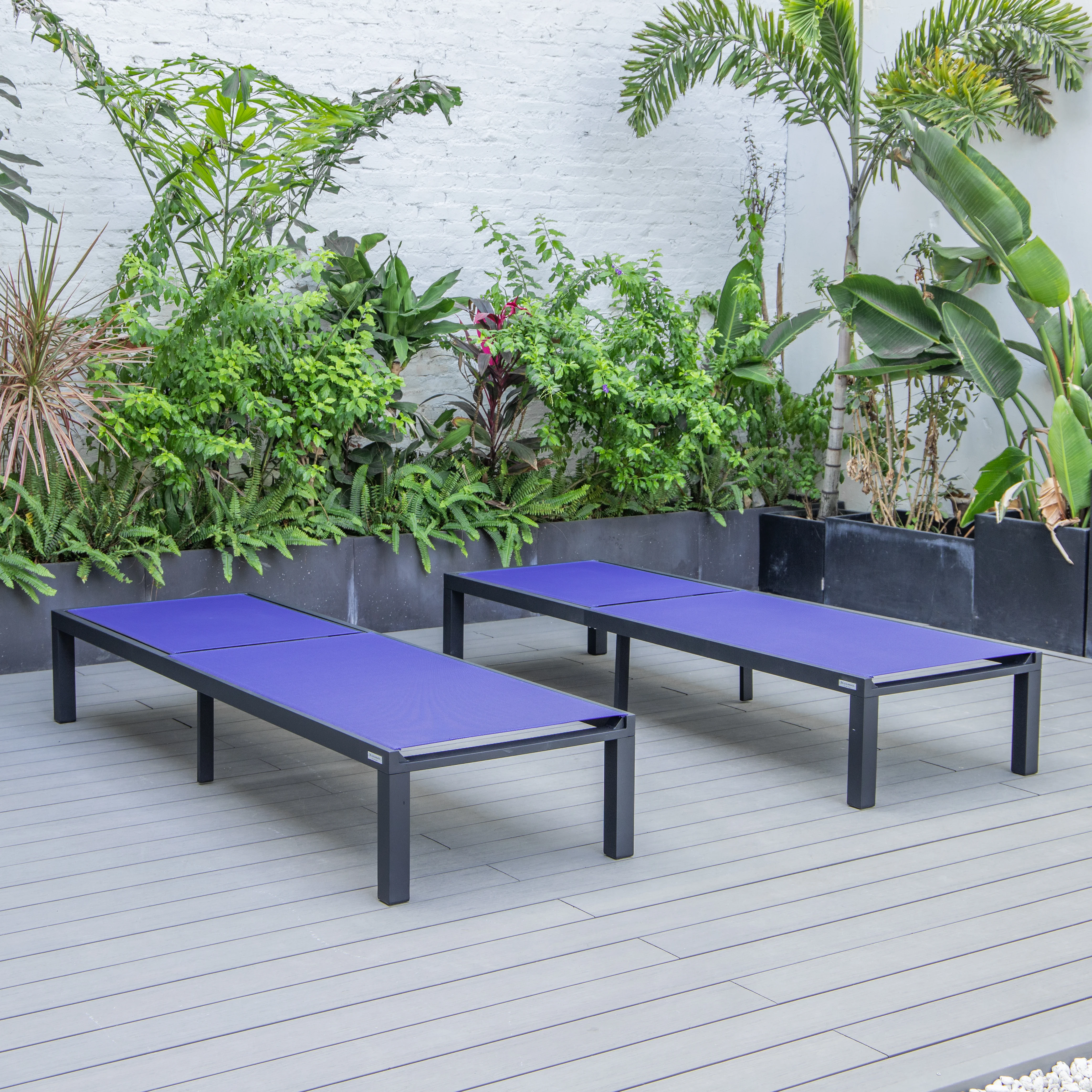 Marlin Patio Chaise Lounge Chair With Black Aluminum Frame, Set of 2 in Navy Blue