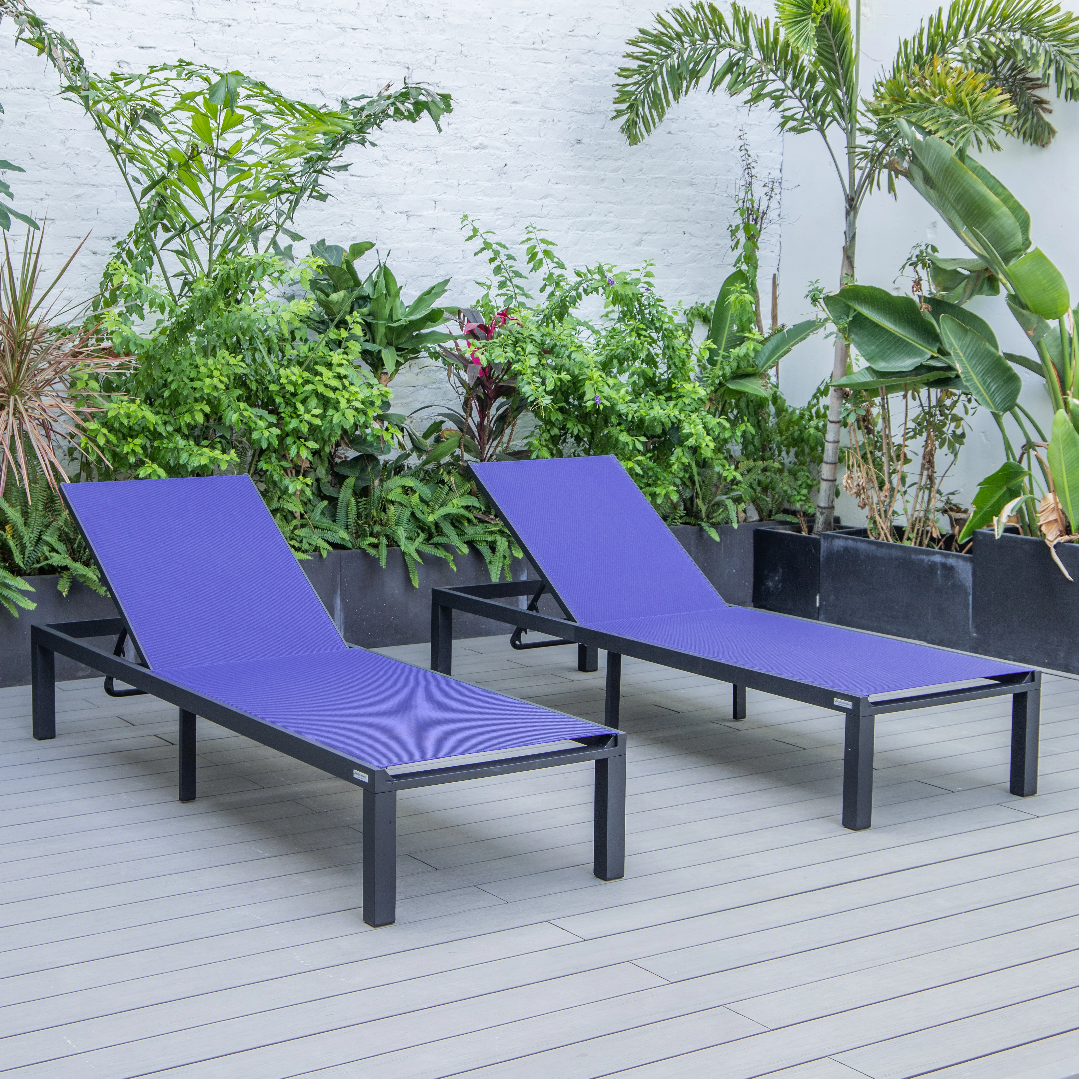 Marlin Patio Chaise Lounge Chair With Black Aluminum Frame, Set of 2 in Navy Blue