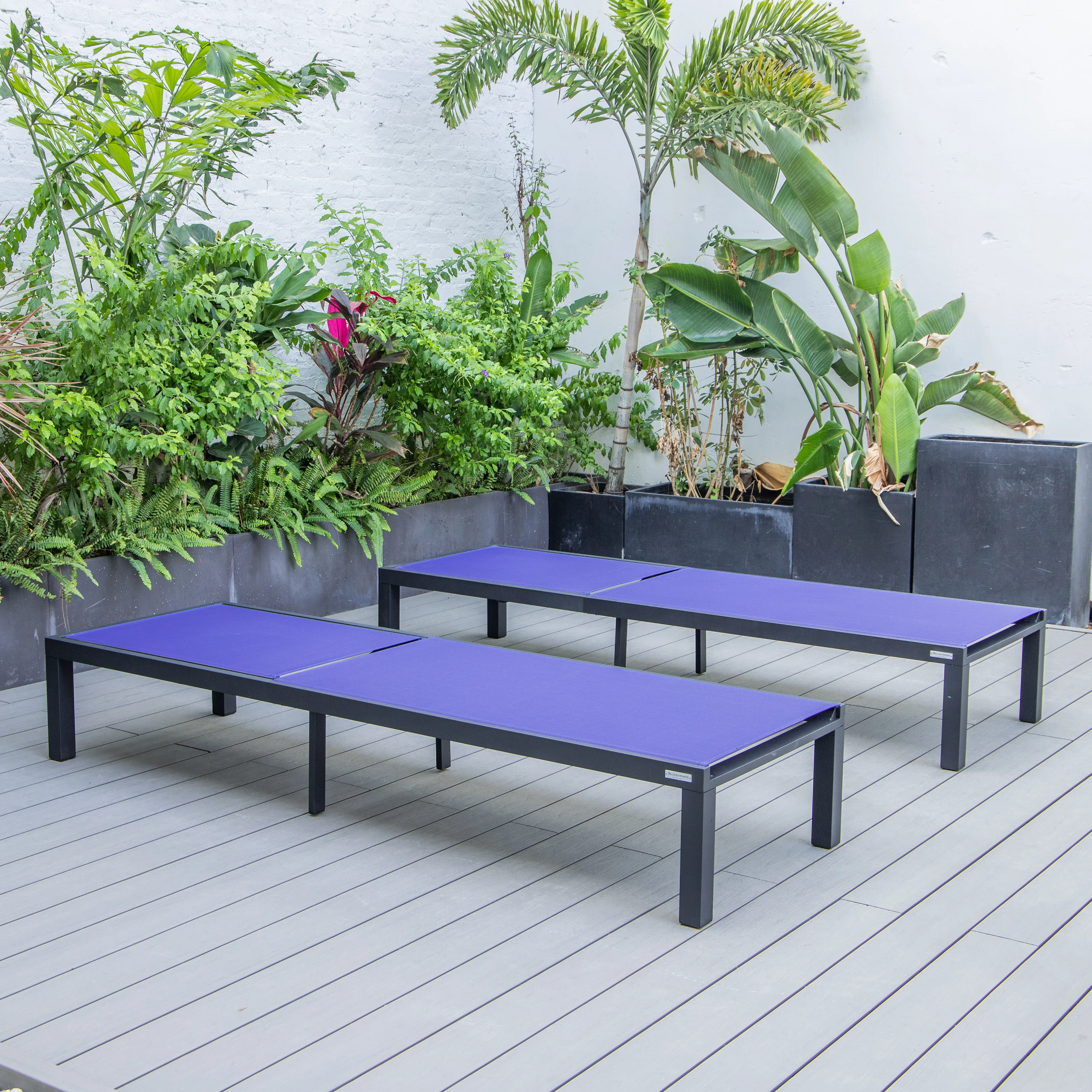 Marlin Patio Chaise Lounge Chair With Black Aluminum Frame, Set of 2 in Navy Blue