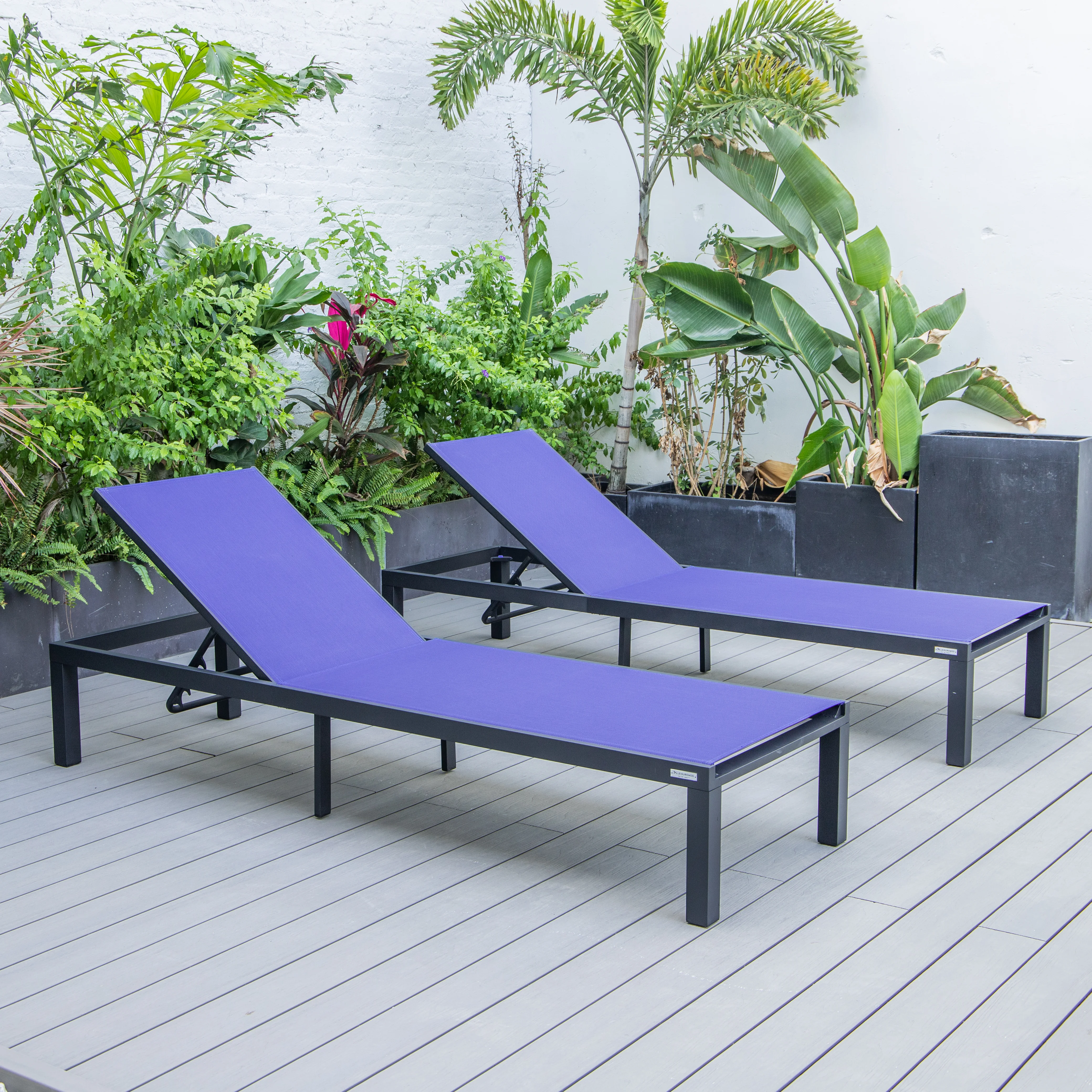 Marlin Patio Chaise Lounge Chair With Black Aluminum Frame, Set of 2 in Navy Blue