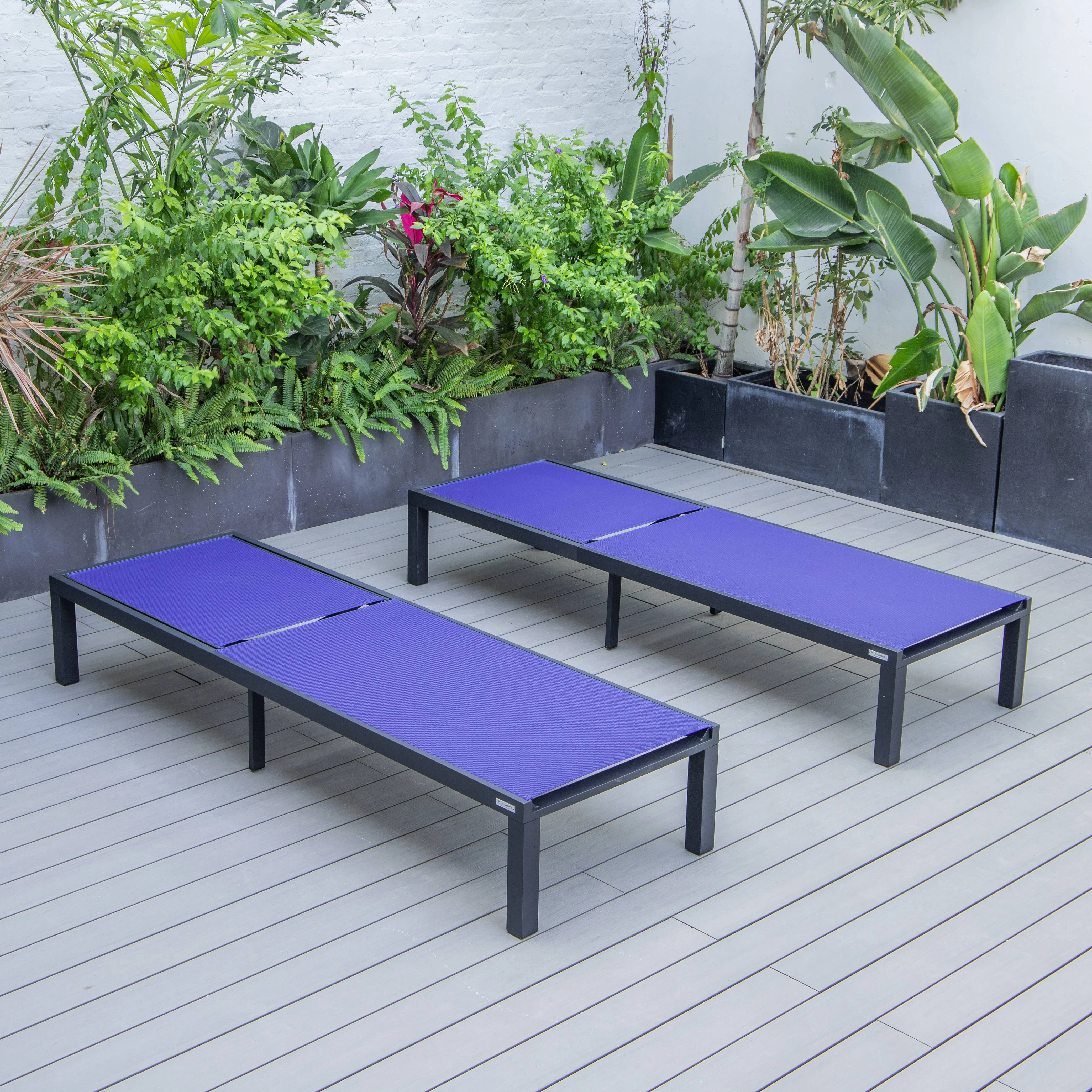 Marlin Patio Chaise Lounge Chair With Black Aluminum Frame, Set of 2 in Navy Blue