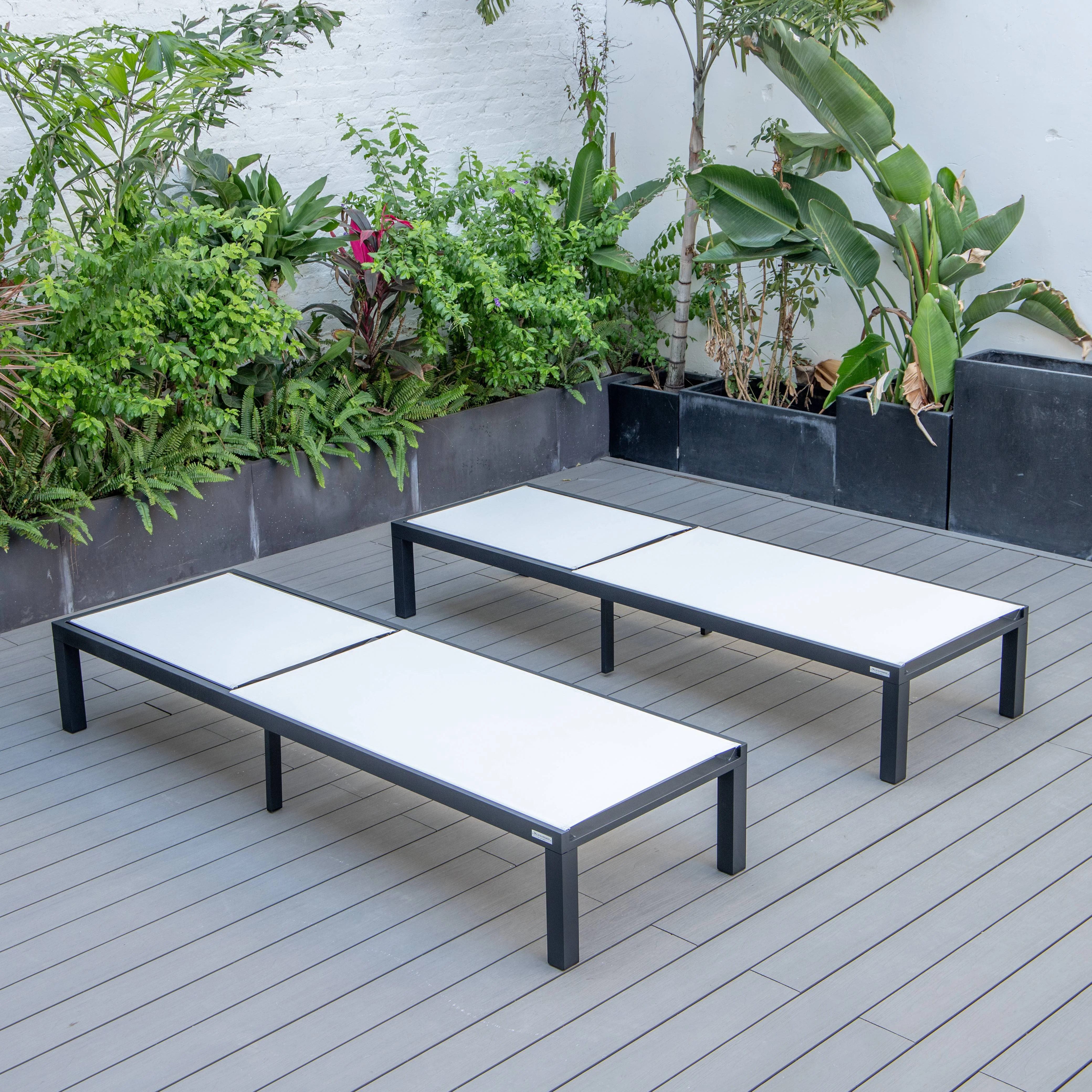 Marlin Patio Chaise Lounge Chair With Black Aluminum Frame, Set of 2 in White