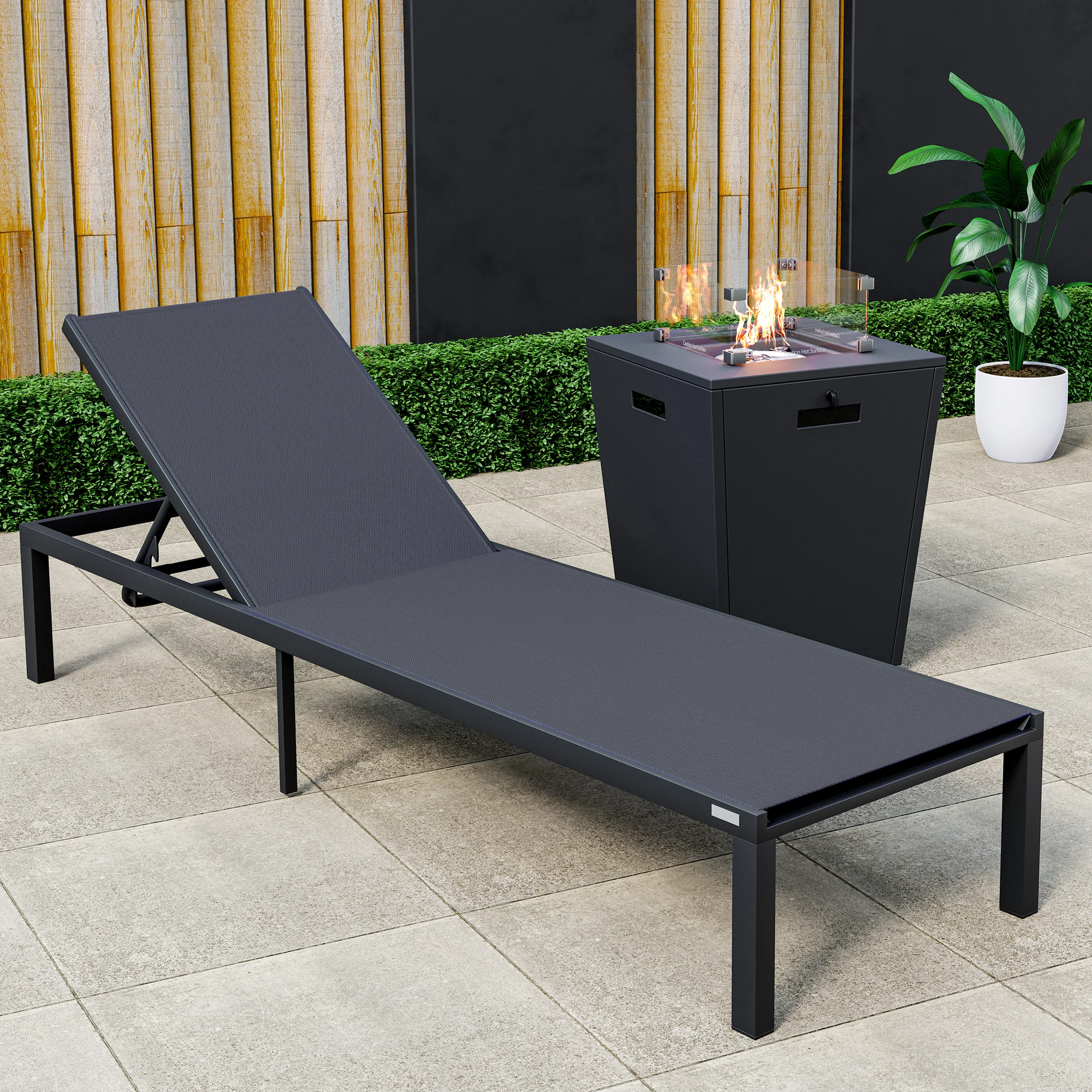 Marlin Modern Black Aluminum Outdoor Patio Chaise Lounge Chair with Square Fire Pit Side Table Perfect for Patio, Lawn, and Garden
