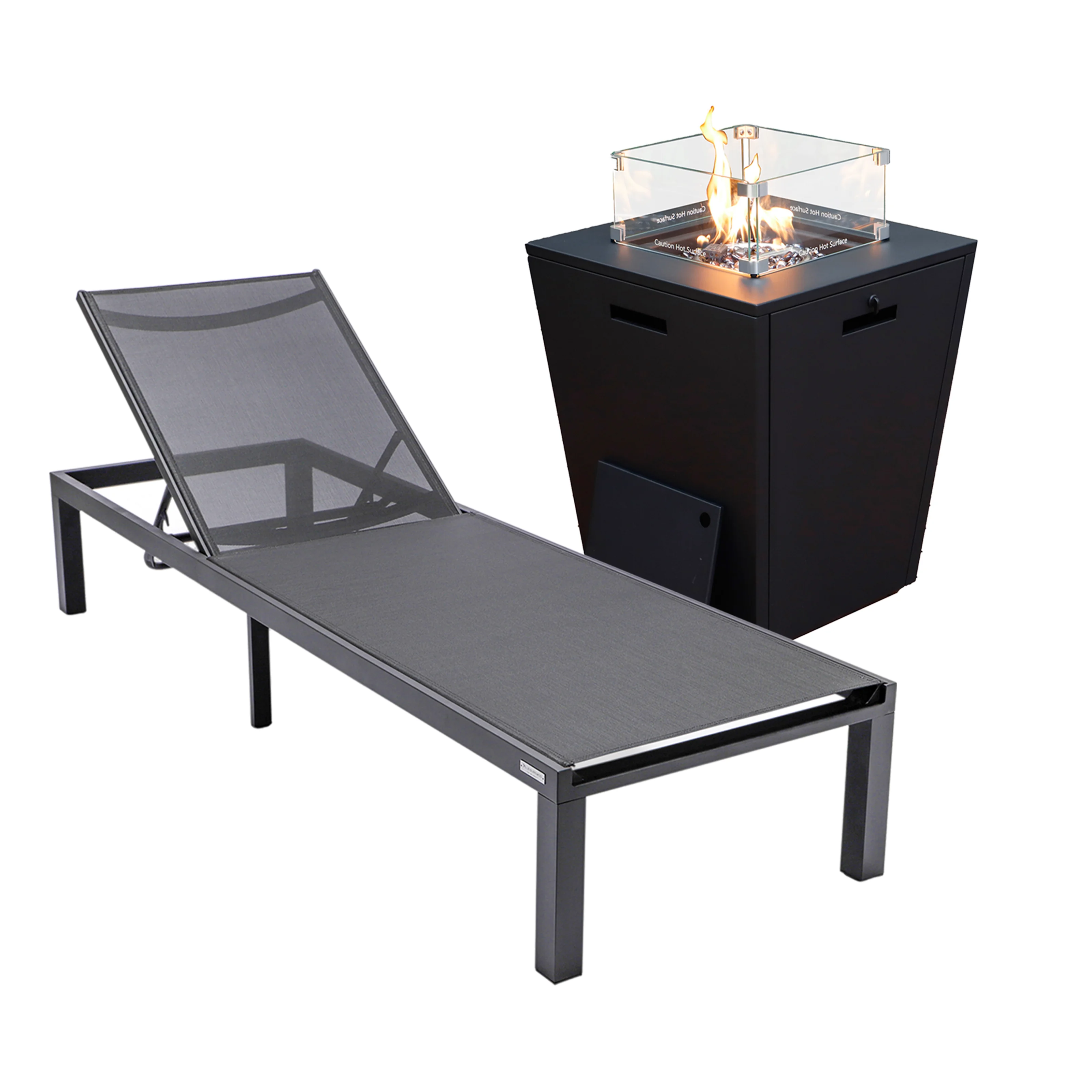 Marlin Modern Black Aluminum Outdoor Patio Chaise Lounge Chair with Square Fire Pit Side Table Perfect for Patio, Lawn, and Garden