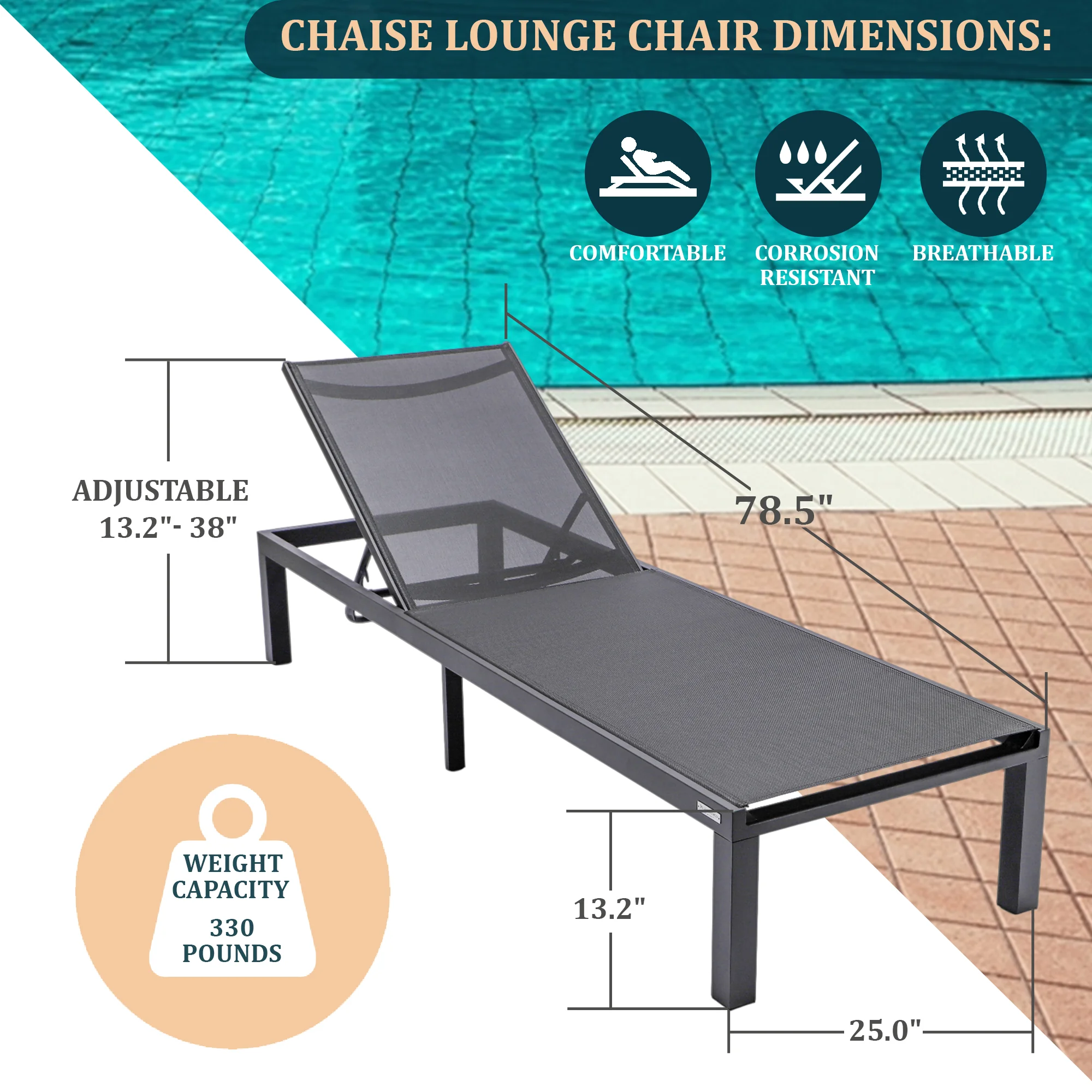 Marlin Modern Black Aluminum Outdoor Patio Chaise Lounge Chair with Square Fire Pit Side Table Perfect for Patio, Lawn, and Garden