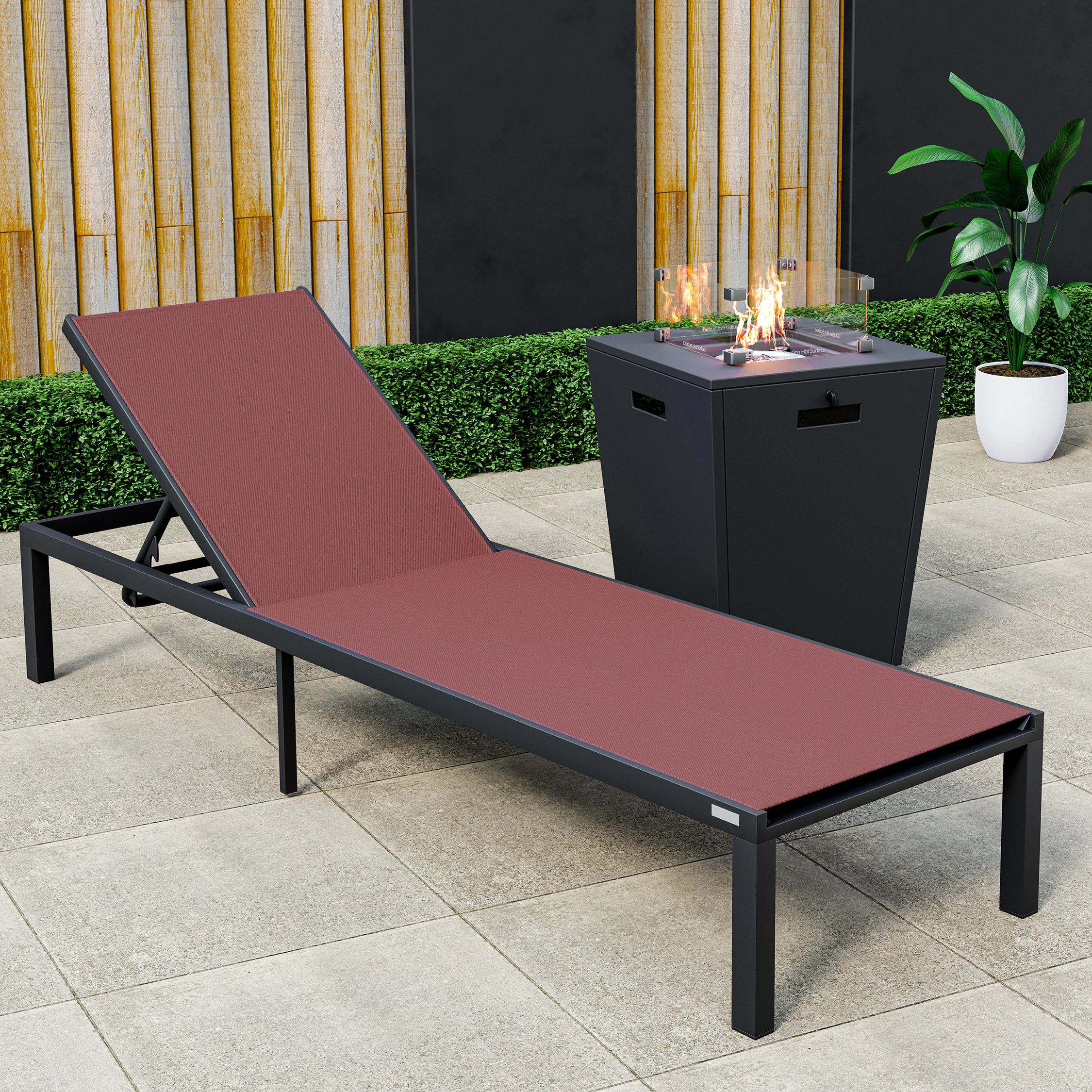 Marlin Modern Black Aluminum Outdoor Patio Chaise Lounge Chair with Square Fire Pit Side Table Perfect for Patio, Lawn, and Garden