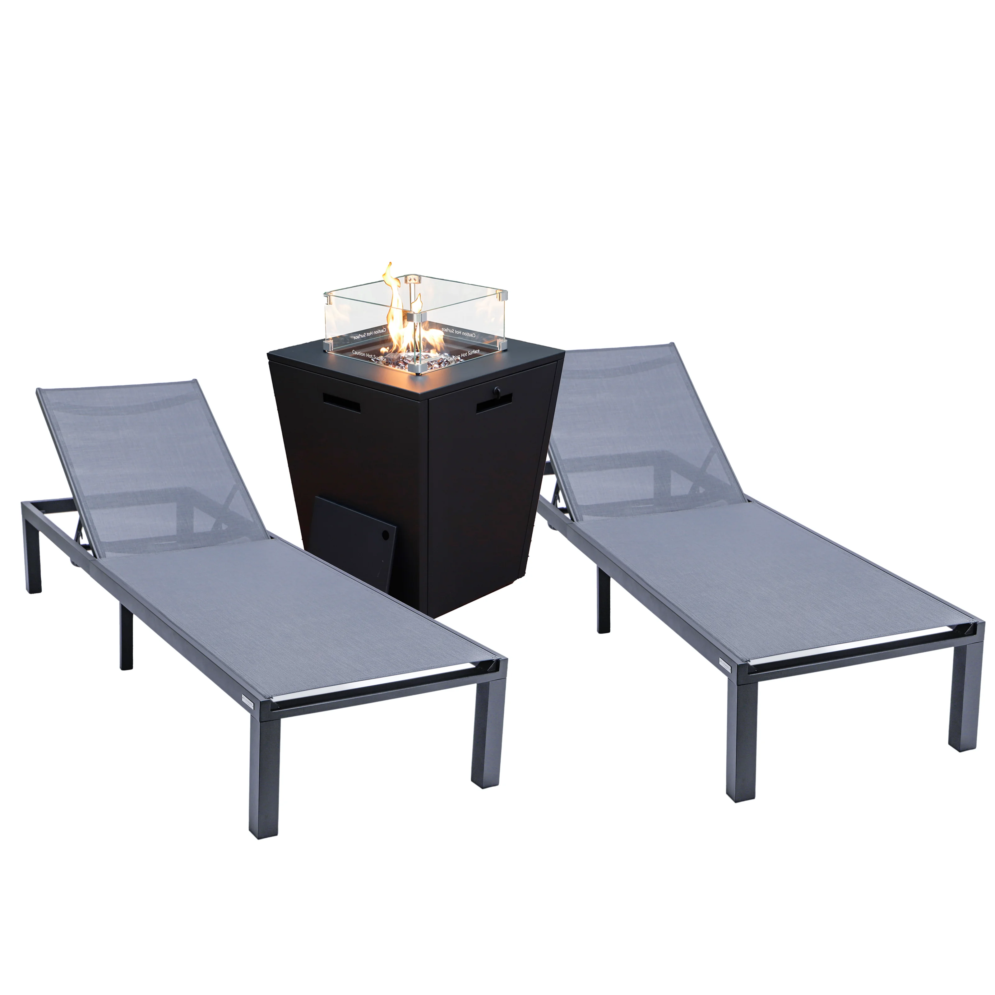 Marlin Modern Aluminum Outdoor Patio Chaise Lounge Chair Set of 2 with Square Fire Pit Side Table Perfect for Patio, Lawn, and Garden