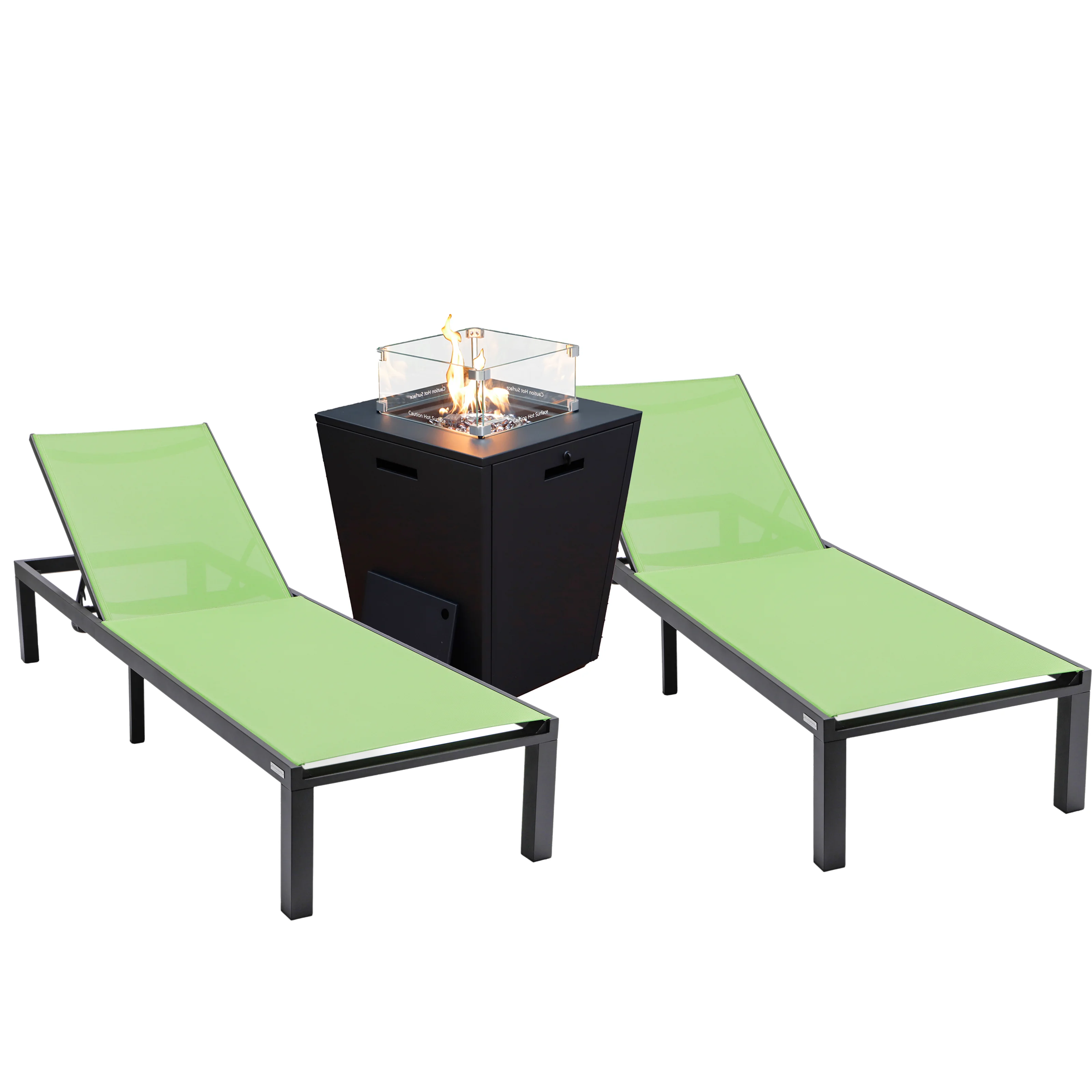 Marlin Modern Aluminum Outdoor Patio Chaise Lounge Chair Set of 2 with Square Fire Pit Side Table Perfect for Patio, Lawn, and Garden
