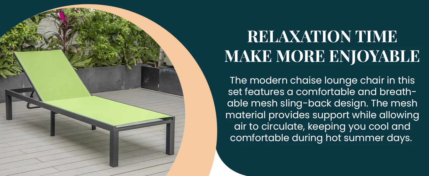 Marlin Modern Aluminum Outdoor Patio Chaise Lounge Chair Set of 2 with Square Fire Pit Side Table Perfect for Patio, Lawn, and Garden