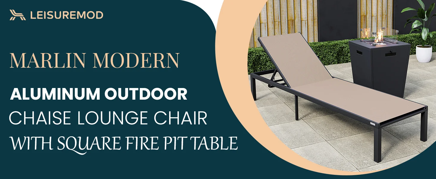 Marlin Modern Aluminum Outdoor Patio Chaise Lounge Chair Set of 2 with Square Fire Pit Side Table Perfect for Patio, Lawn, and Garden