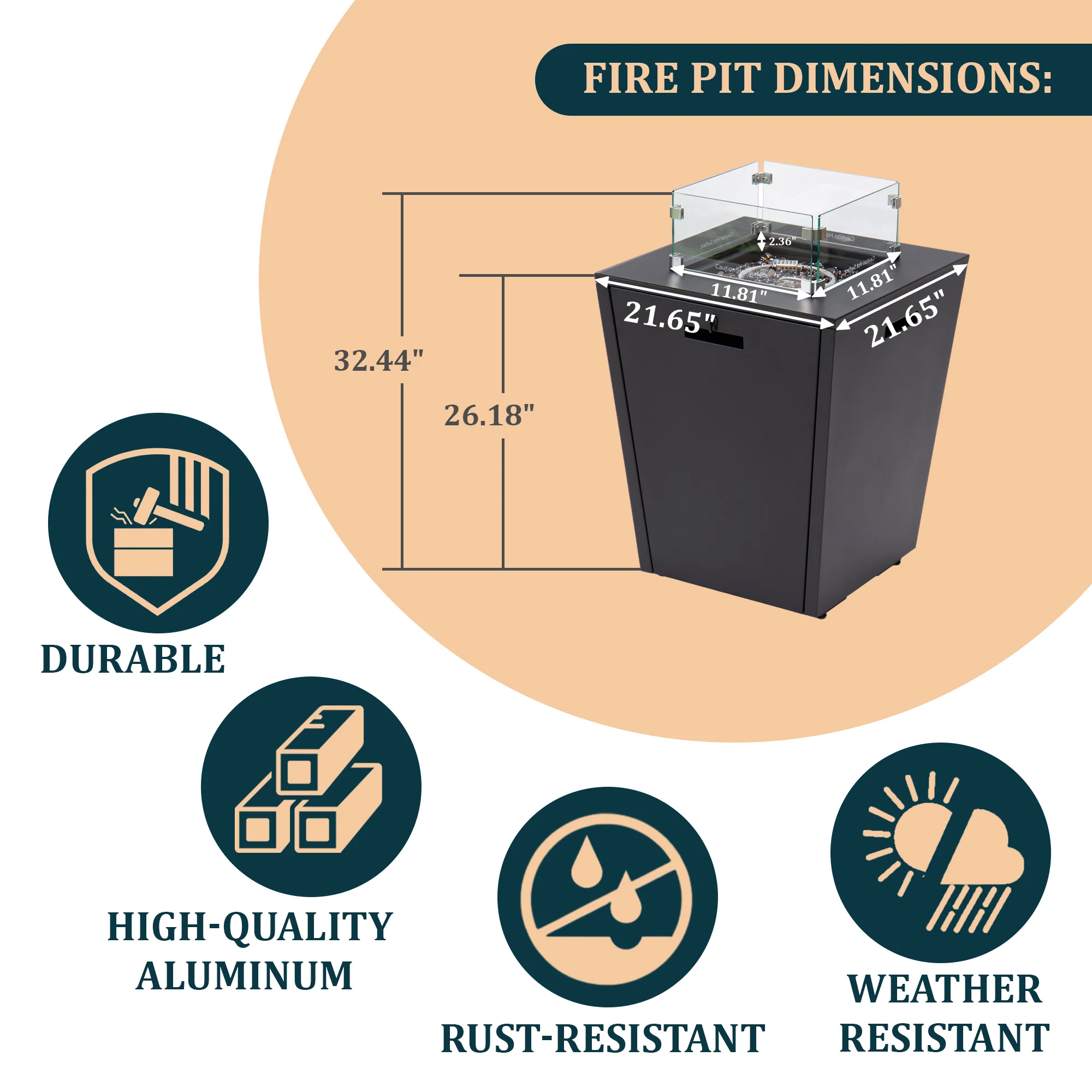 Marlin Modern Black Aluminum Outdoor Patio Chaise Lounge Chair with Square Fire Pit Side Table Perfect for Patio, Lawn, and Garden