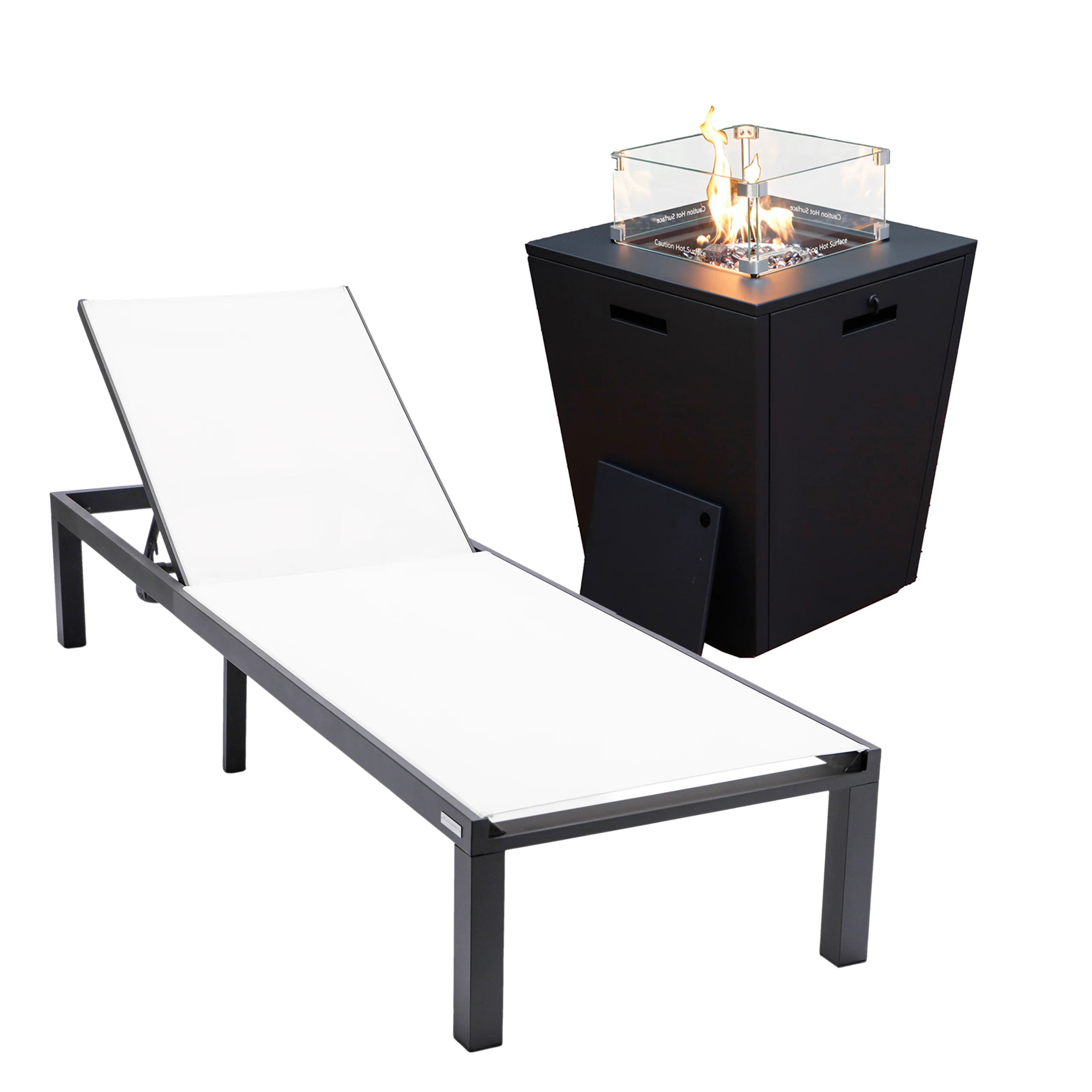 Marlin Modern Black Aluminum Outdoor Patio Chaise Lounge Chair with Square Fire Pit Side Table Perfect for Patio, Lawn, and Garden