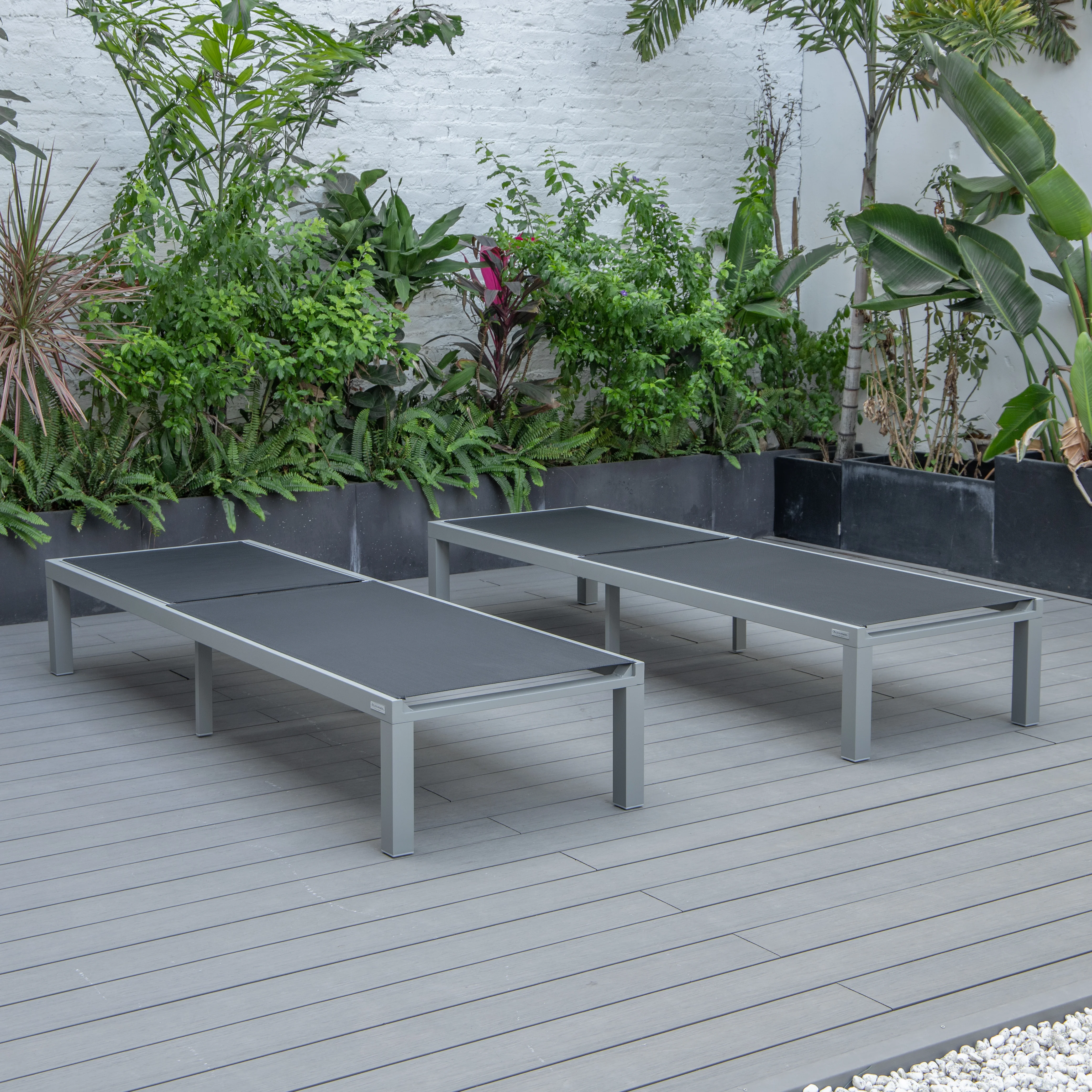 Marlin Patio Chaise Lounge Chair With Grey Aluminum Frame, Set of 2 in Black