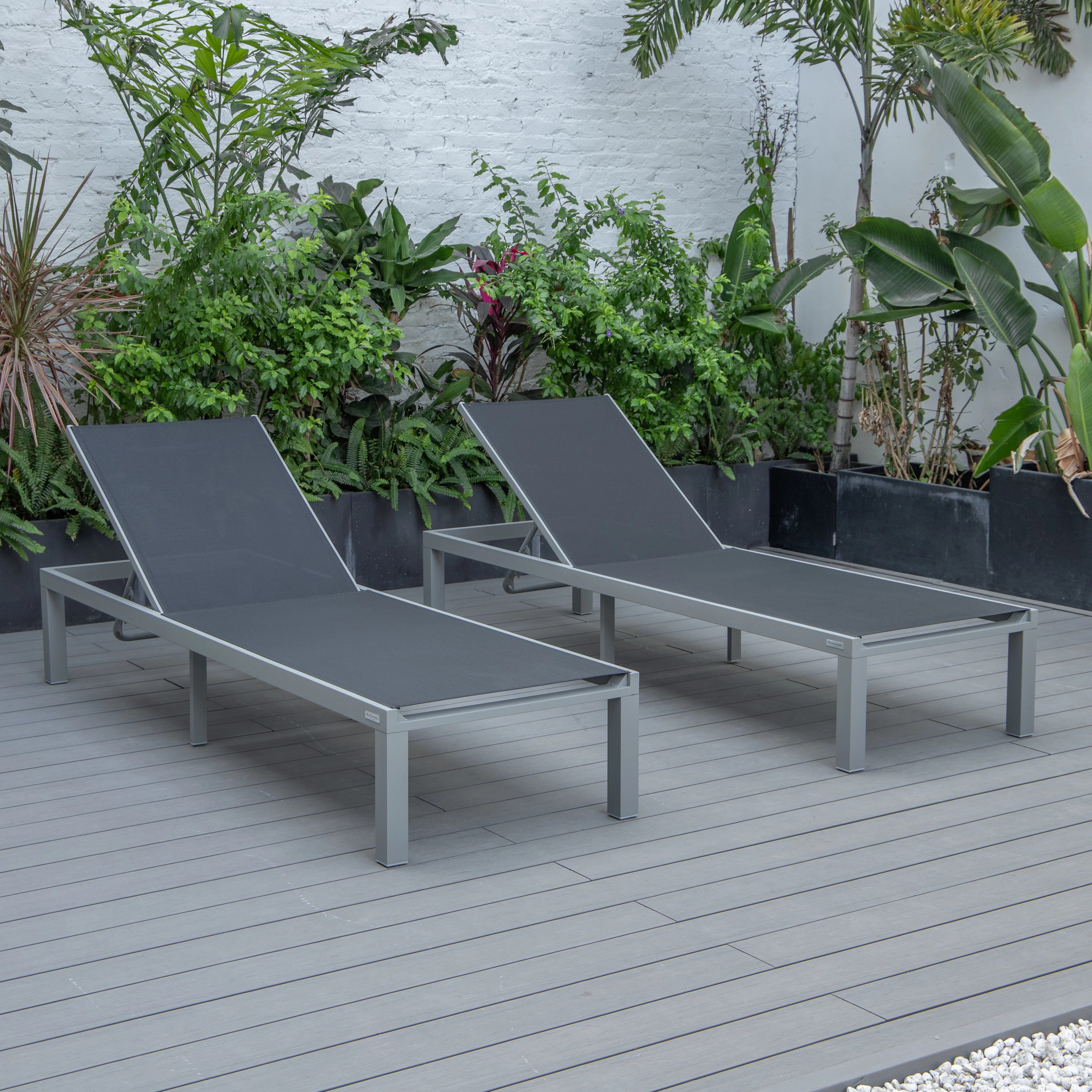 Marlin Patio Chaise Lounge Chair With Grey Aluminum Frame, Set of 2 in Black