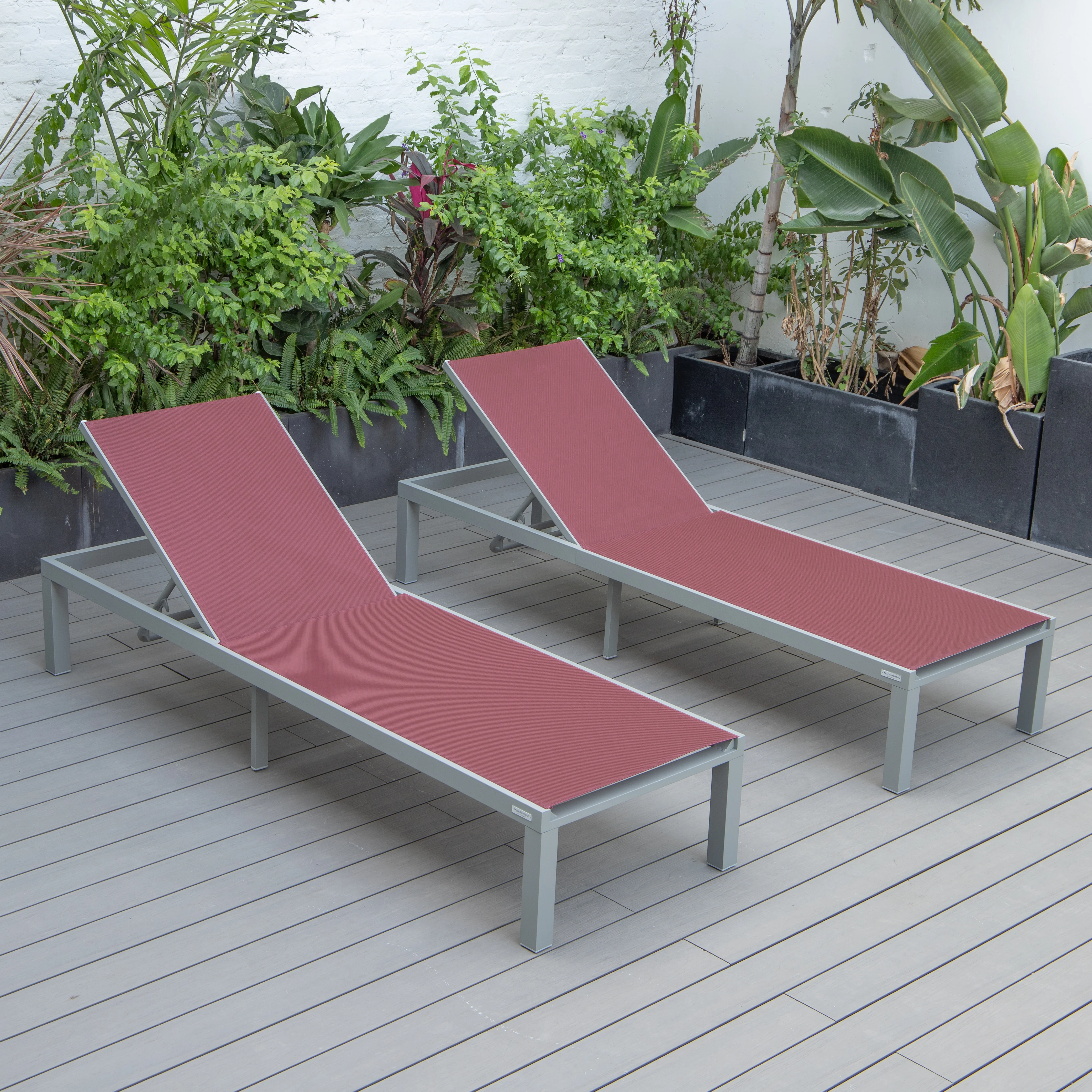 Marlin Patio Chaise Lounge Chair With Grey Aluminum Frame, Set of 2 in Burgundy