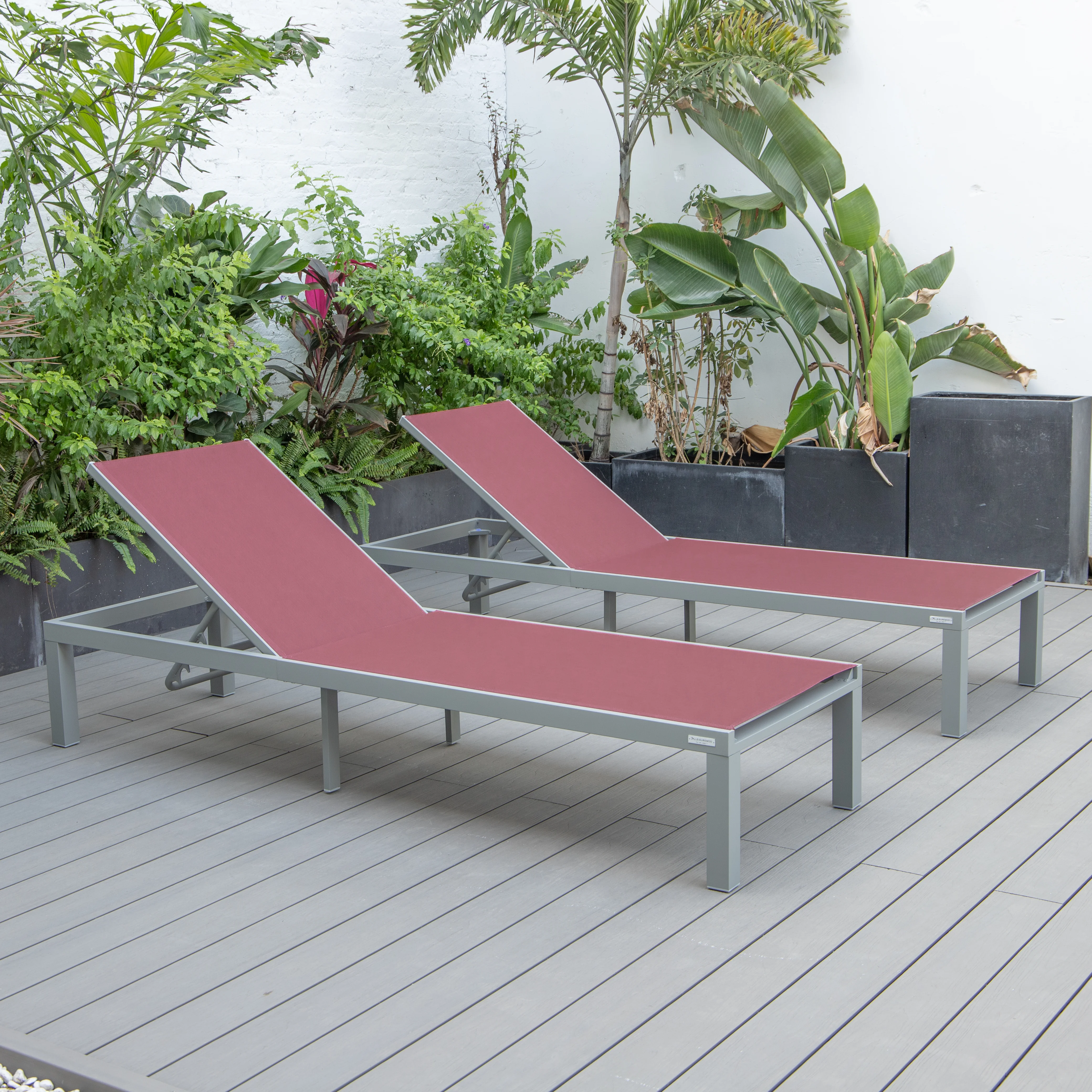 Marlin Patio Chaise Lounge Chair With Grey Aluminum Frame, Set of 2 in Burgundy
