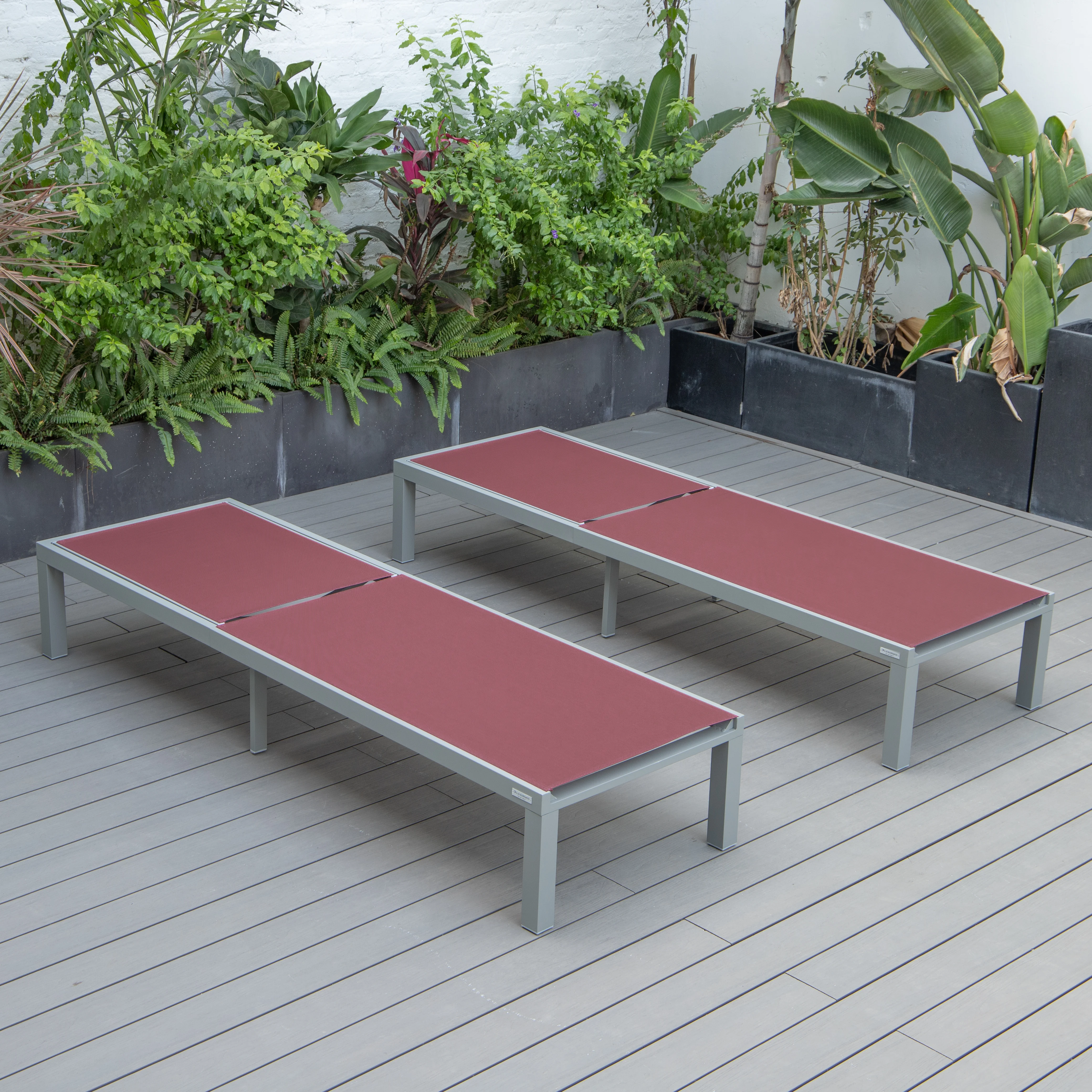 Marlin Patio Chaise Lounge Chair With Grey Aluminum Frame, Set of 2 in Burgundy