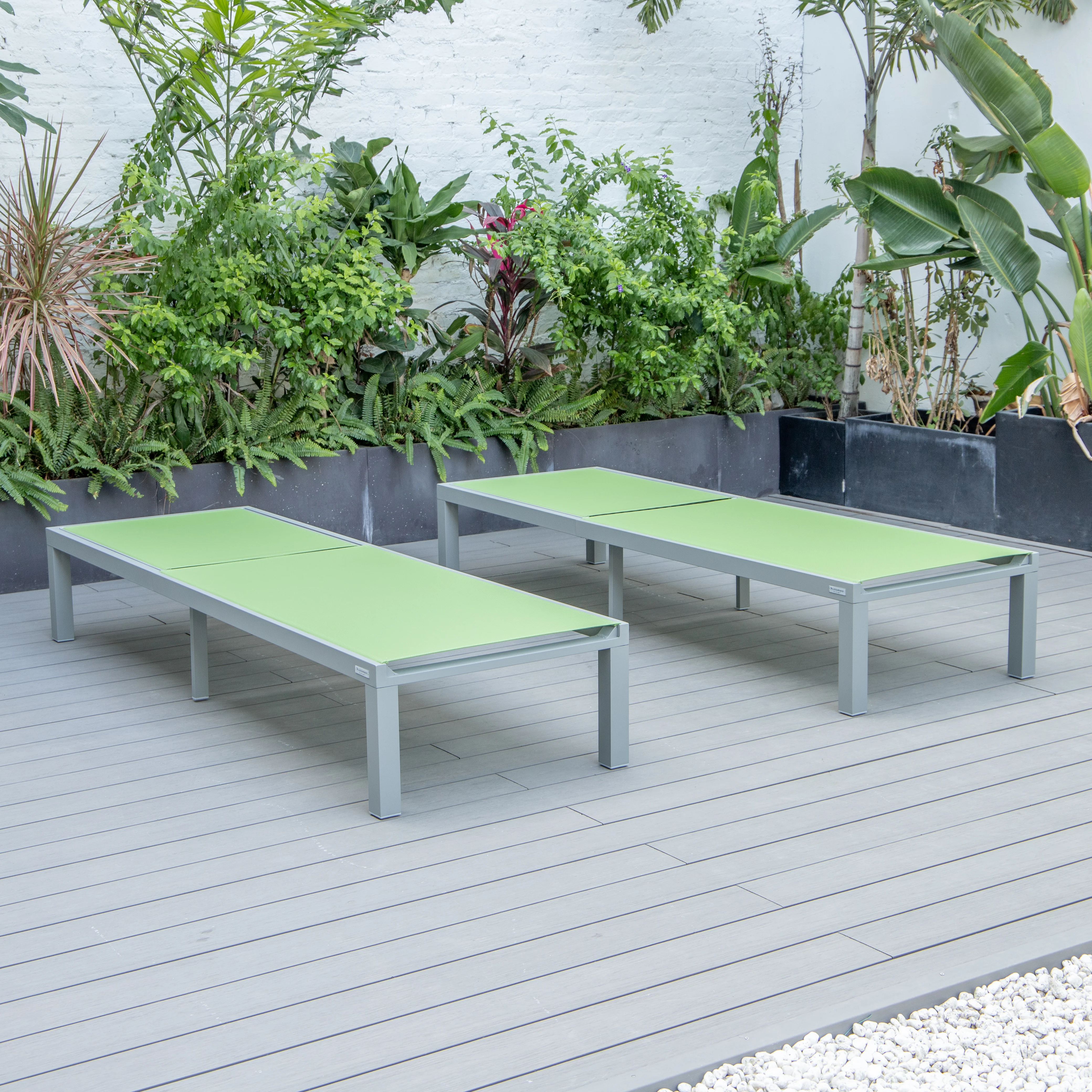 Marlin Patio Chaise Lounge Chair With Grey Aluminum Frame, Set of 2 in Green
