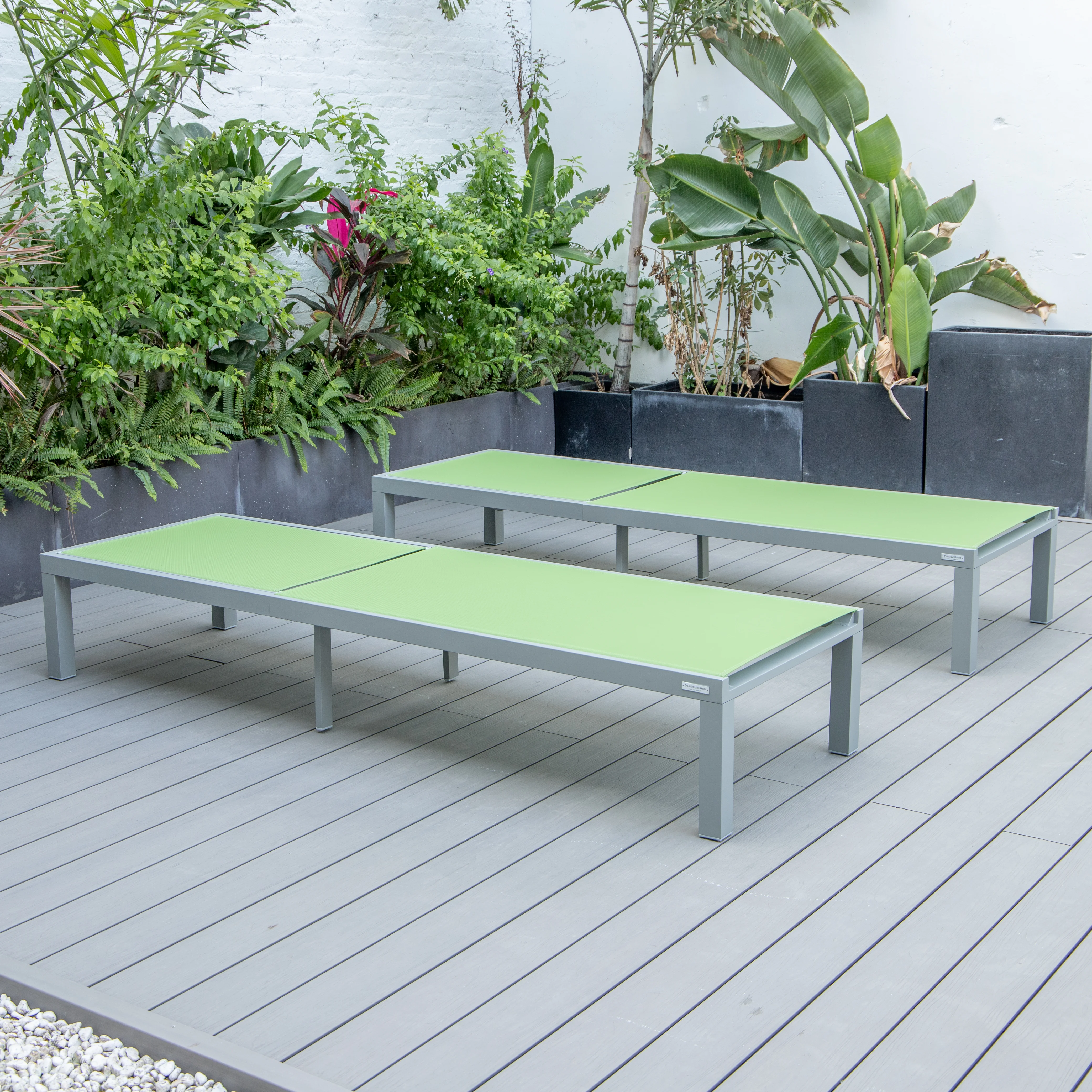 Marlin Patio Chaise Lounge Chair With Grey Aluminum Frame, Set of 2 in Green