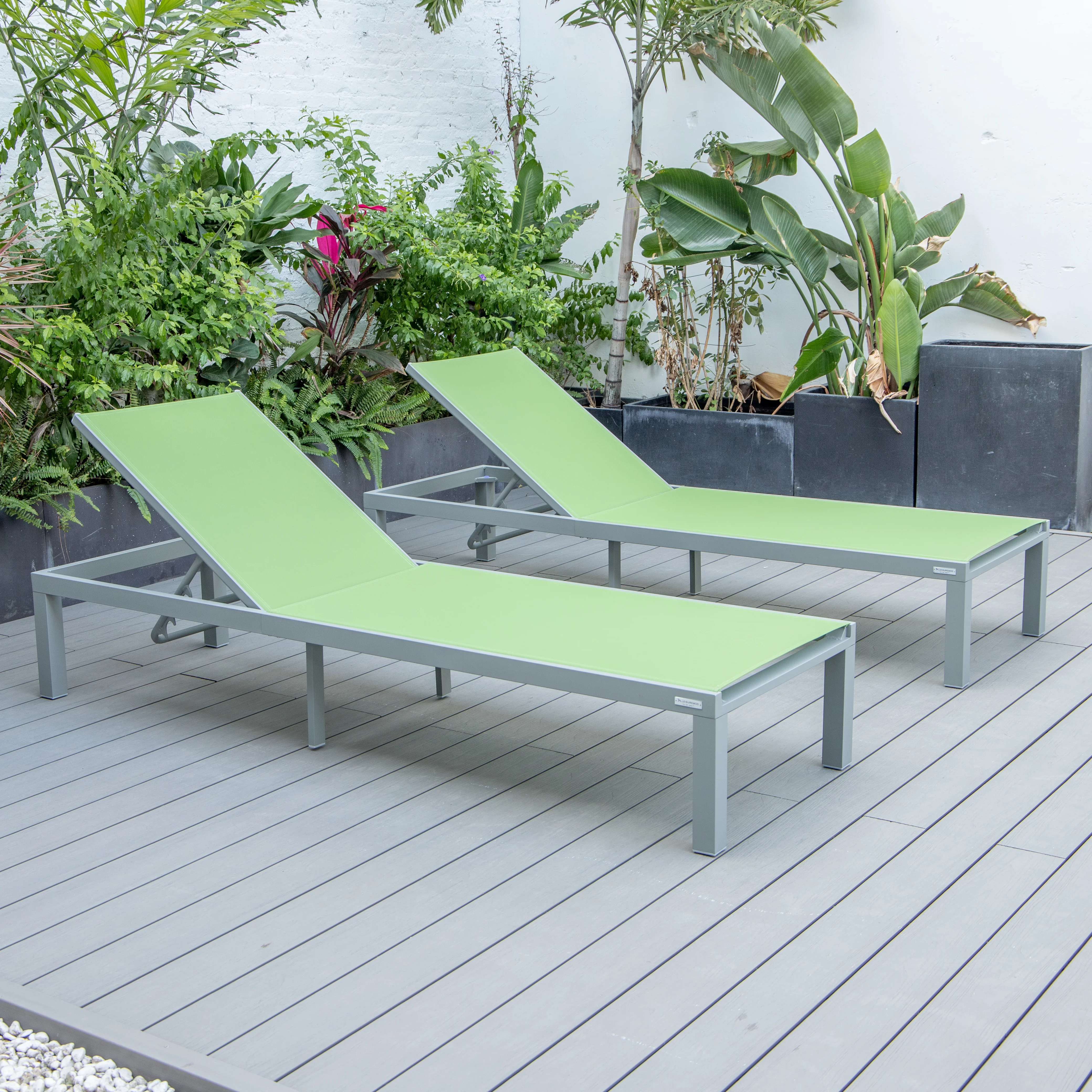 Marlin Patio Chaise Lounge Chair With Grey Aluminum Frame, Set of 2 in Green