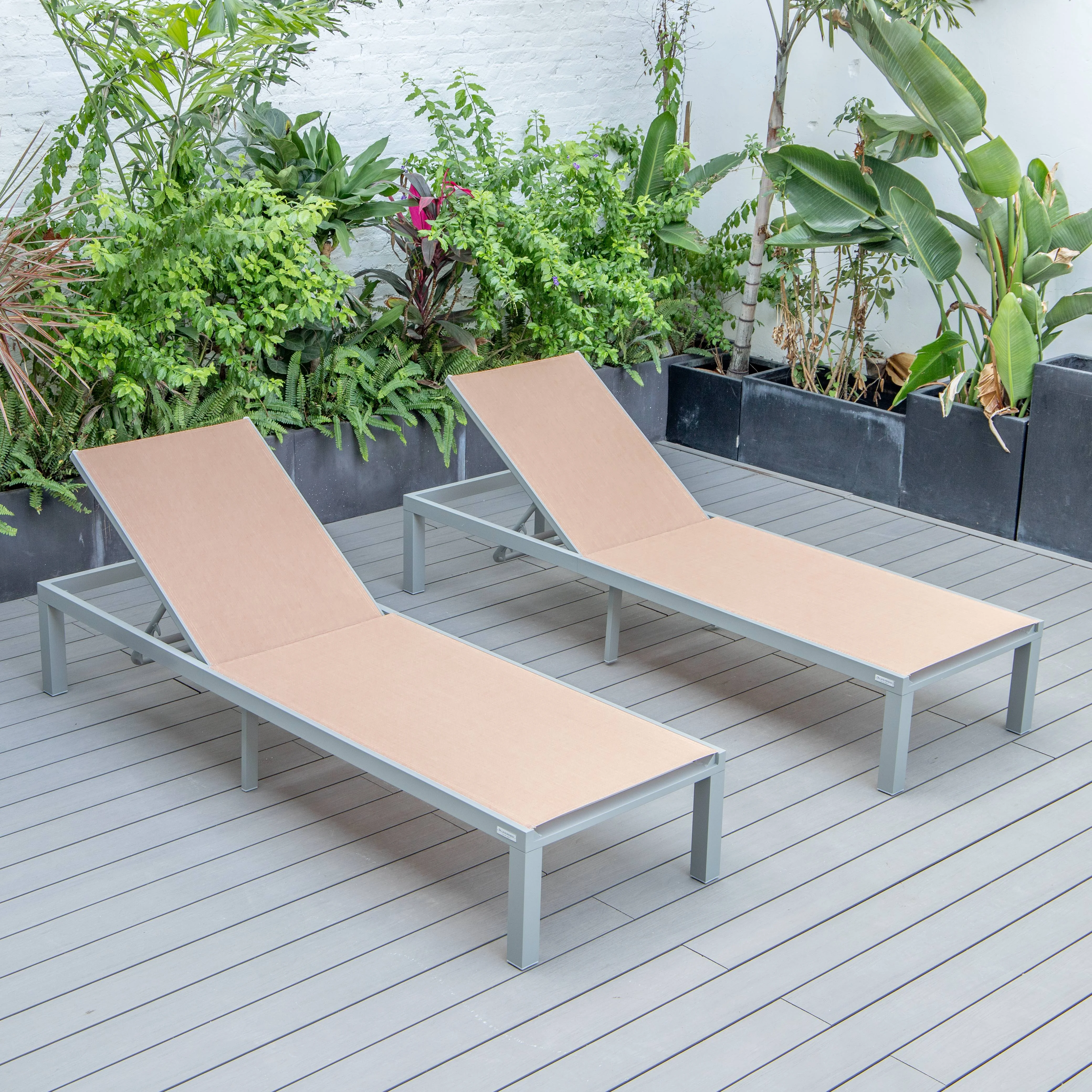 Marlin Patio Chaise Lounge Chair With Grey Aluminum Frame, Set of 2 in Light Brown
