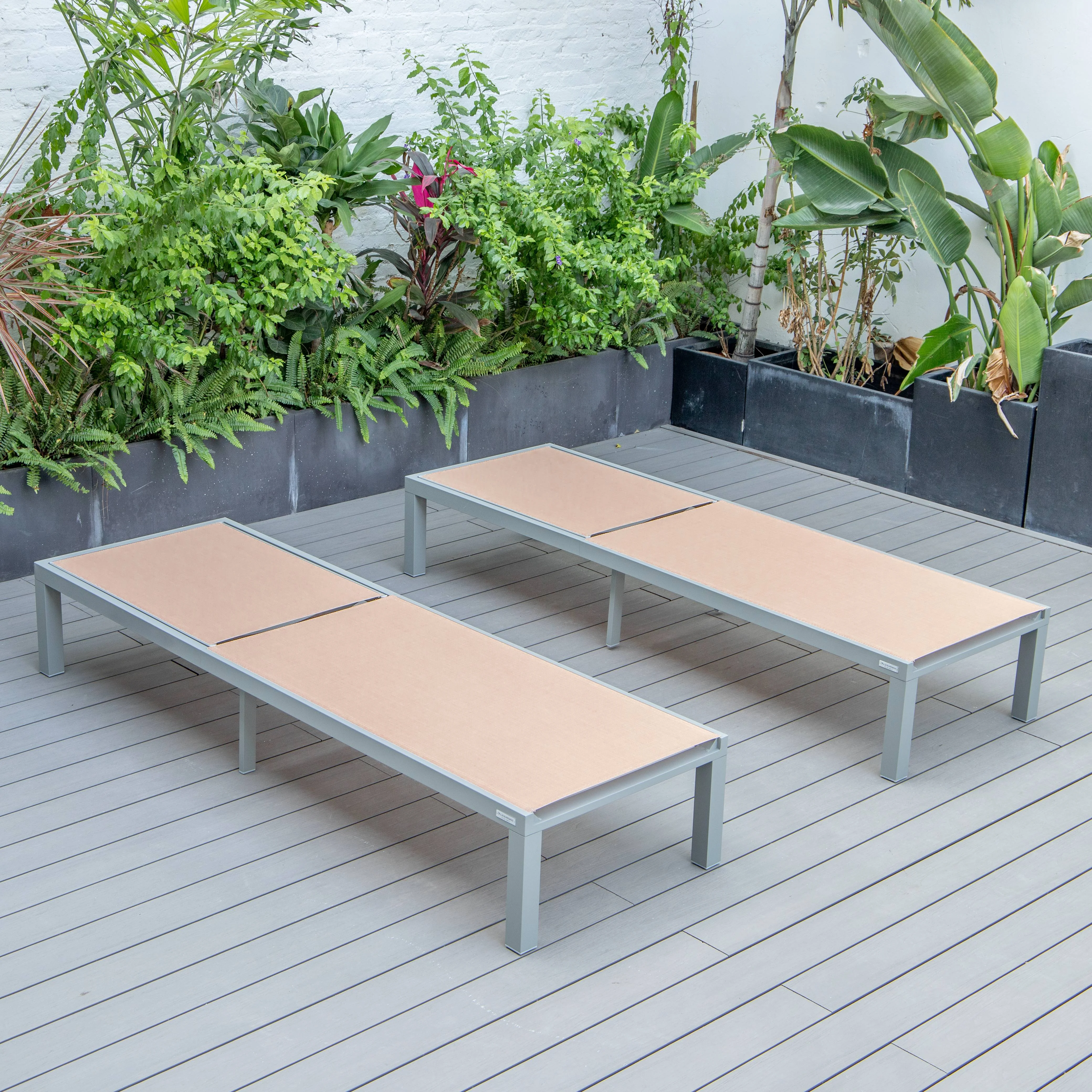 Marlin Patio Chaise Lounge Chair With Grey Aluminum Frame, Set of 2 in Light Brown