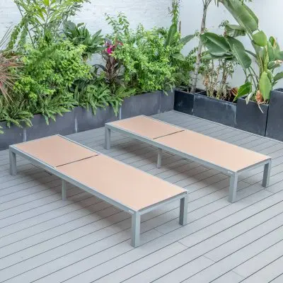 Marlin Patio Chaise Lounge Chair With Grey Aluminum Frame, Set of 2 in Light Brown