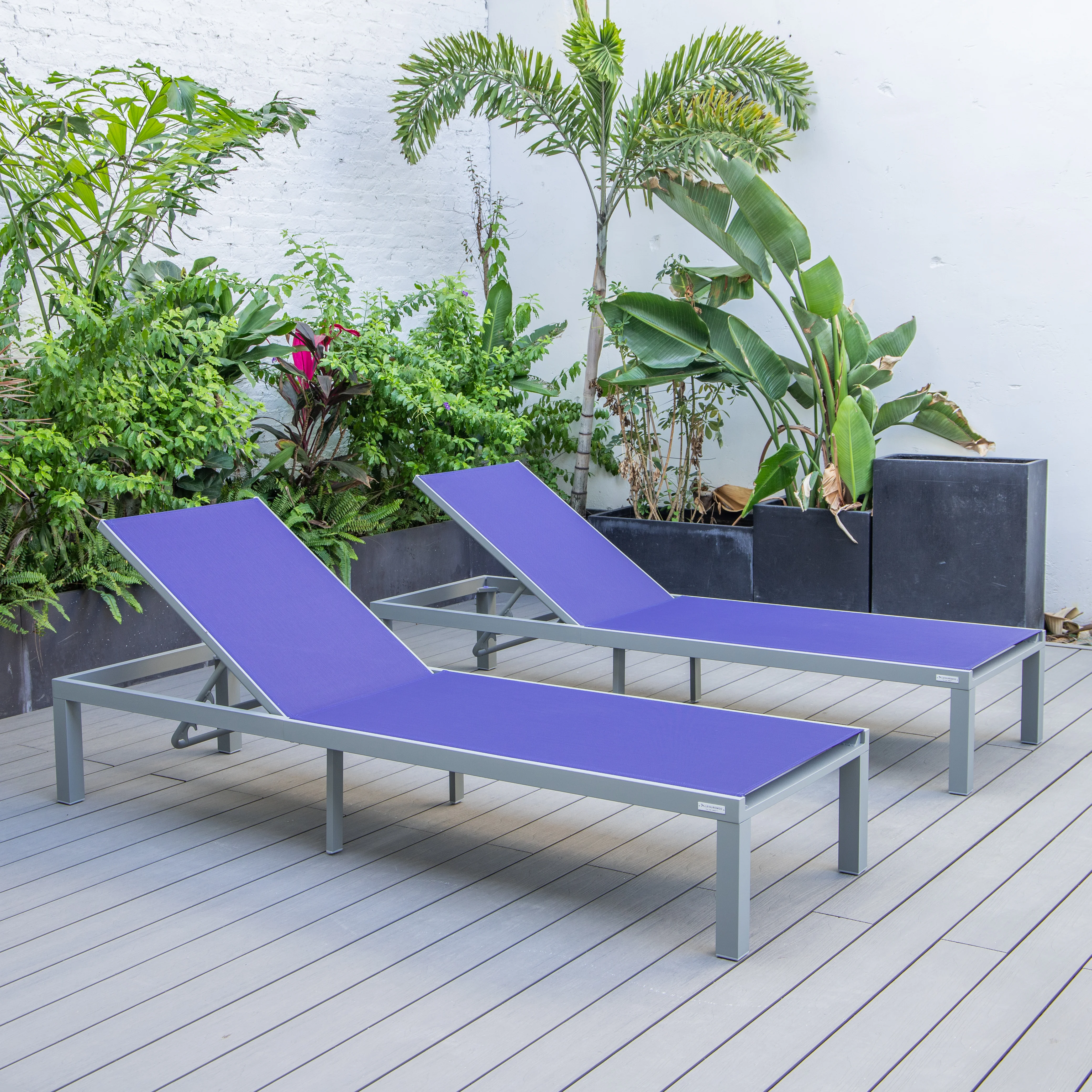 Marlin Patio Chaise Lounge Chair With Grey Aluminum Frame, Set of 2 in Navy Blue