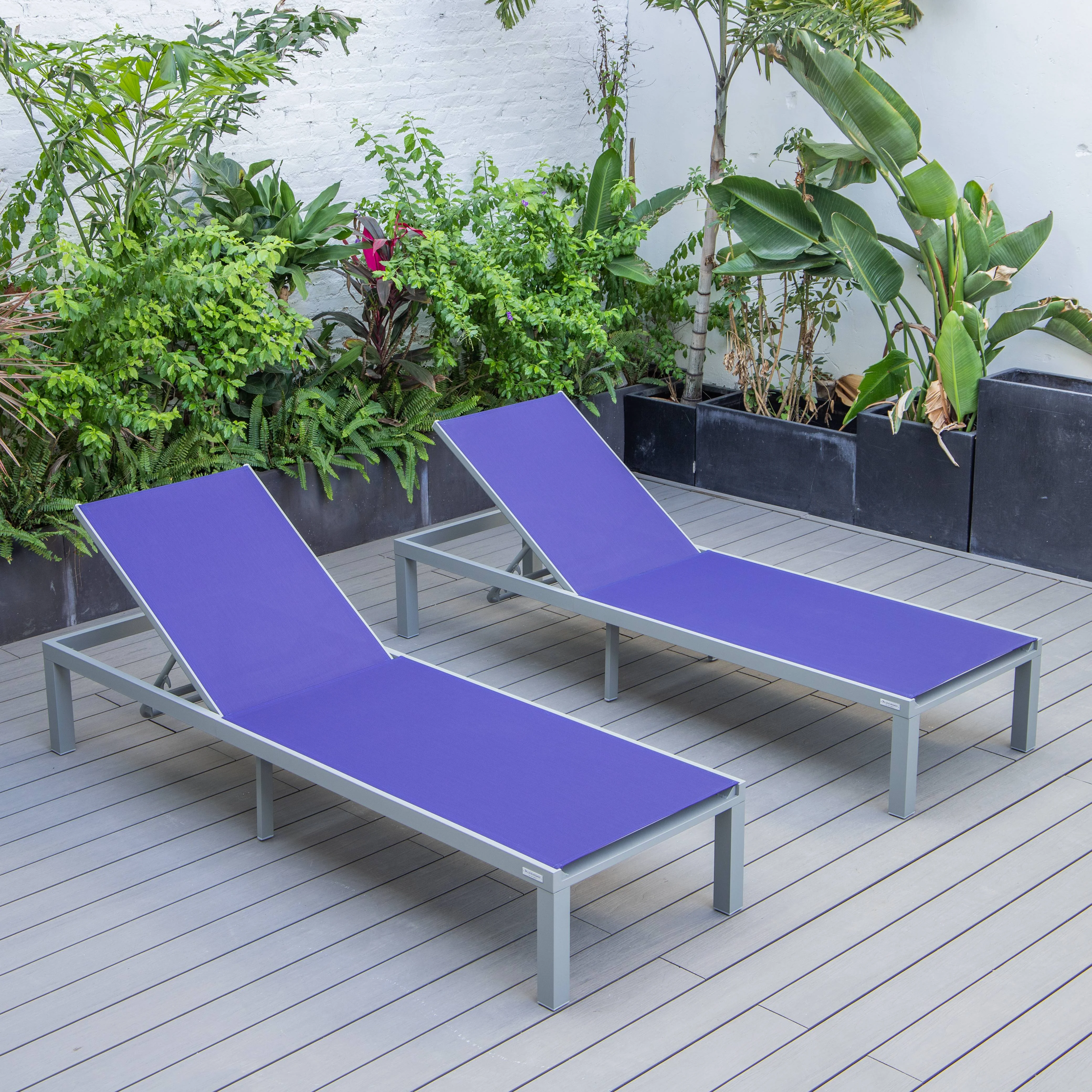 Marlin Patio Chaise Lounge Chair With Grey Aluminum Frame, Set of 2 in Navy Blue
