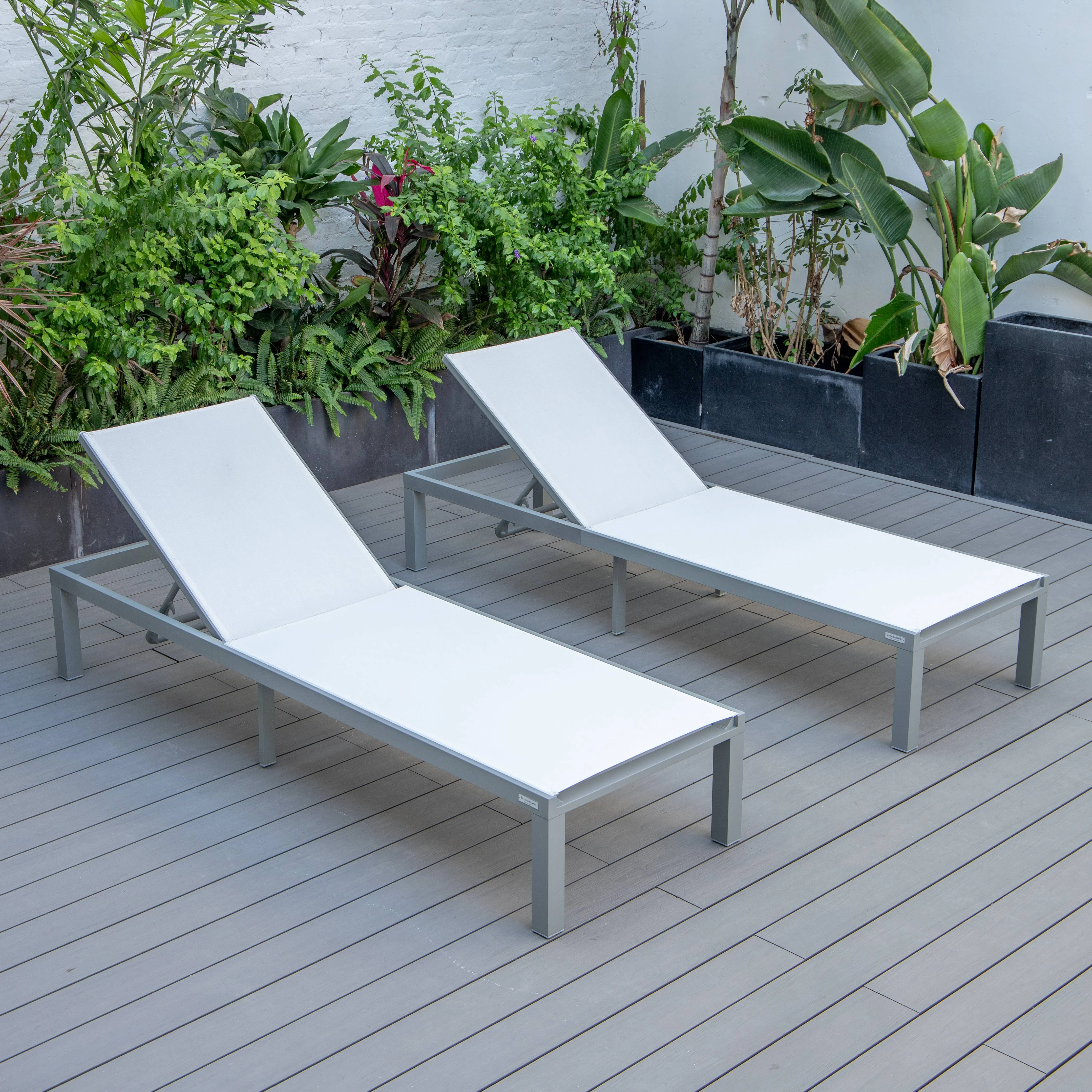 Marlin Patio Chaise Lounge Chair With Grey Aluminum Frame, Set of 2 in White