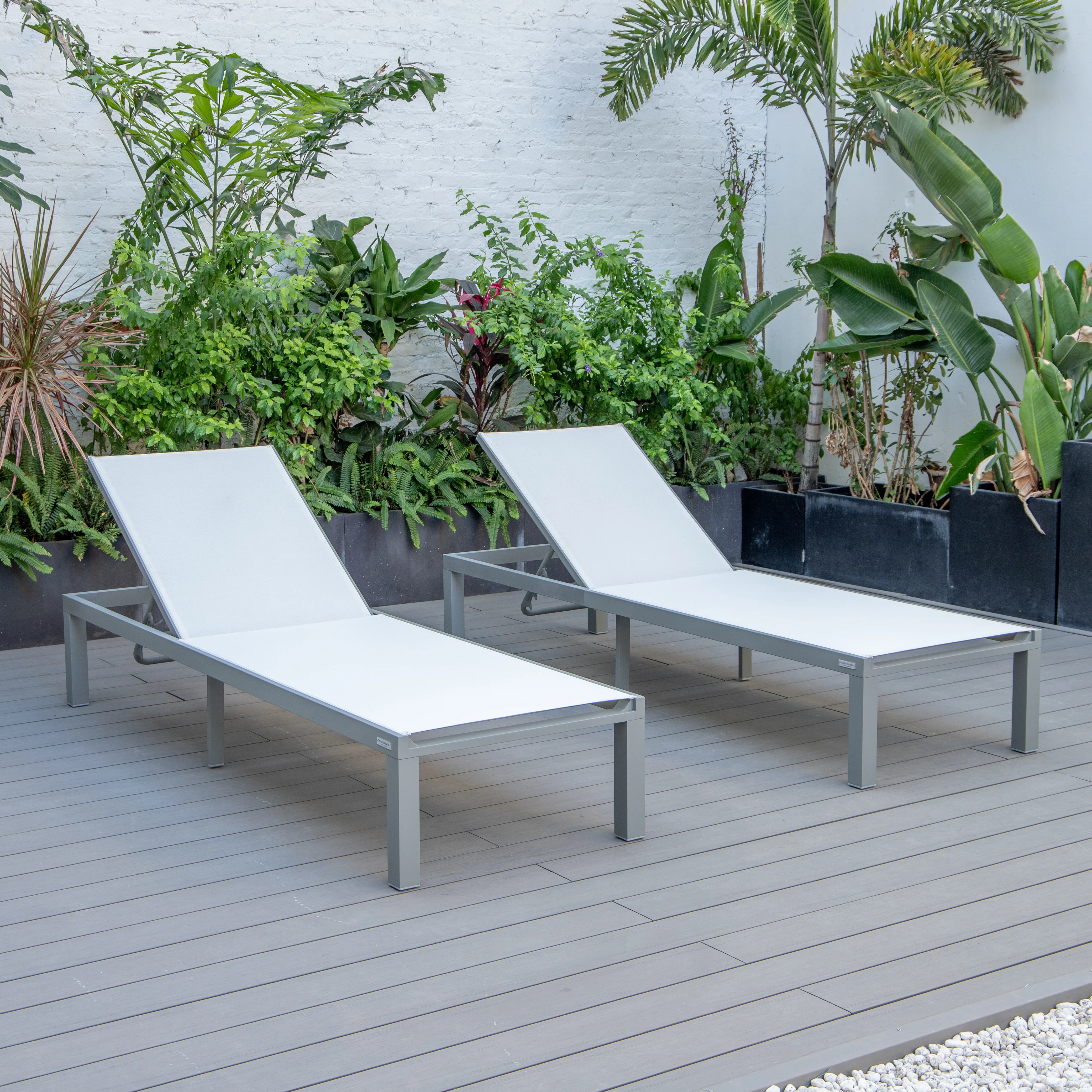 Marlin Patio Chaise Lounge Chair With Grey Aluminum Frame, Set of 2 in White