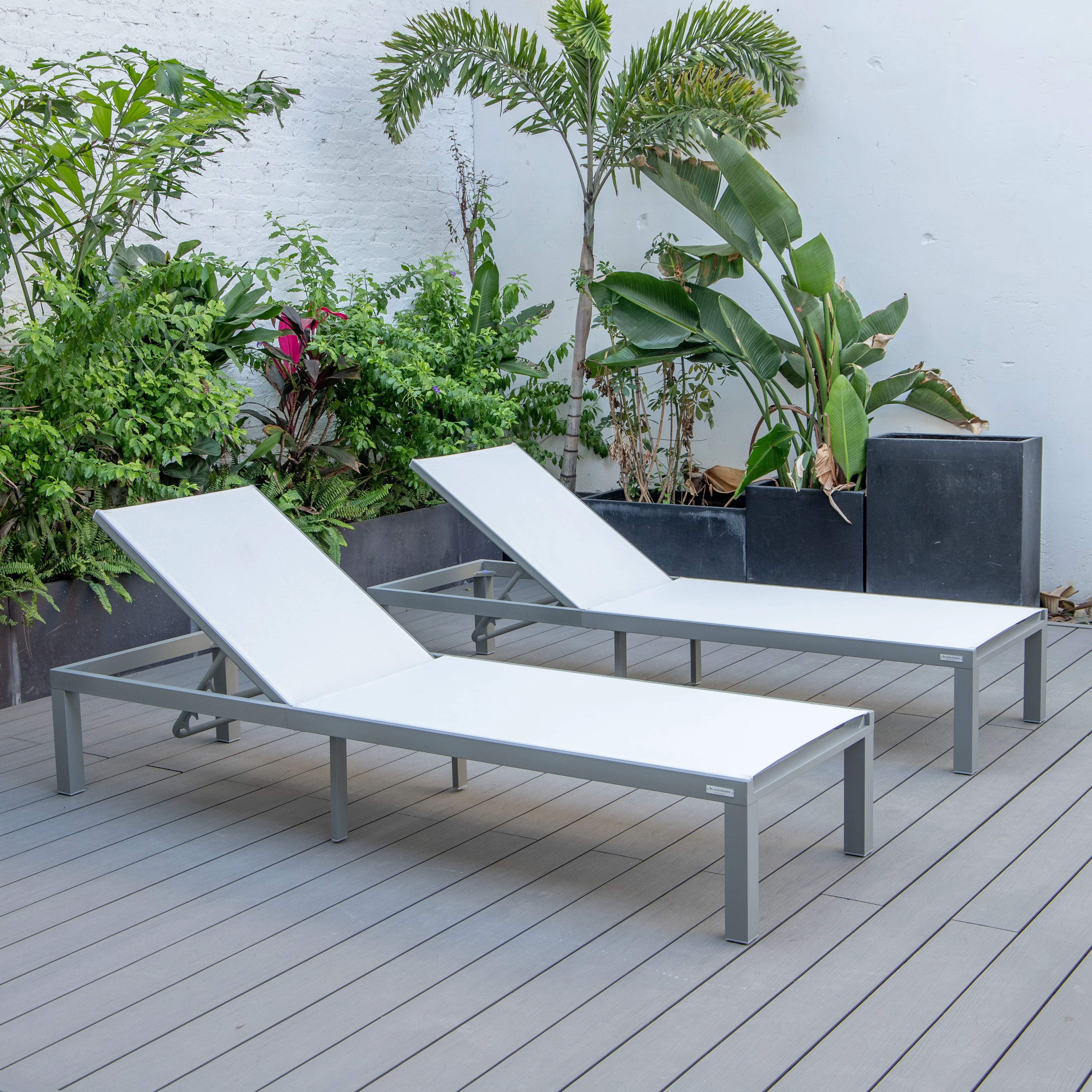 Marlin Patio Chaise Lounge Chair With Grey Aluminum Frame, Set of 2 in White