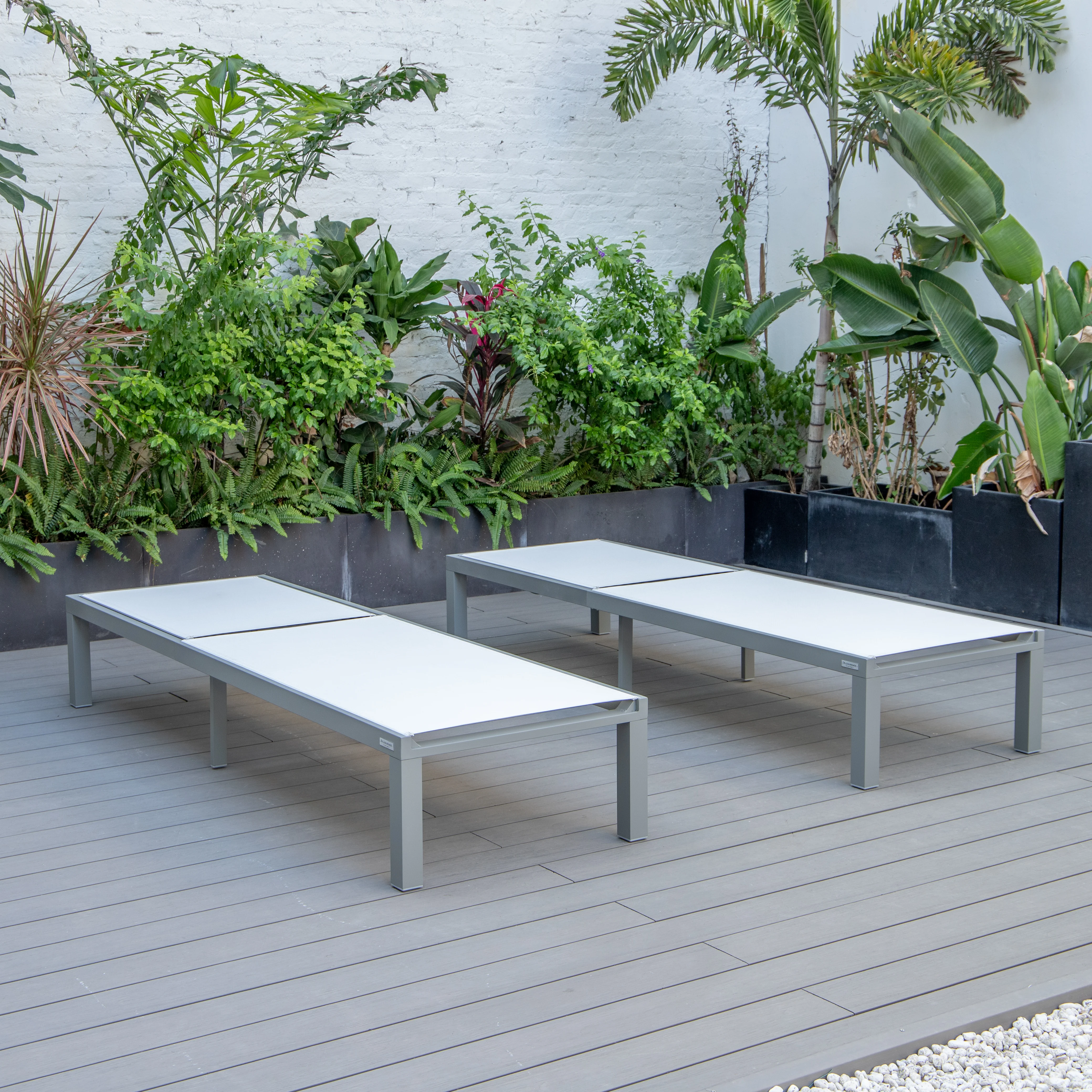 Marlin Patio Chaise Lounge Chair With Grey Aluminum Frame, Set of 2 in White